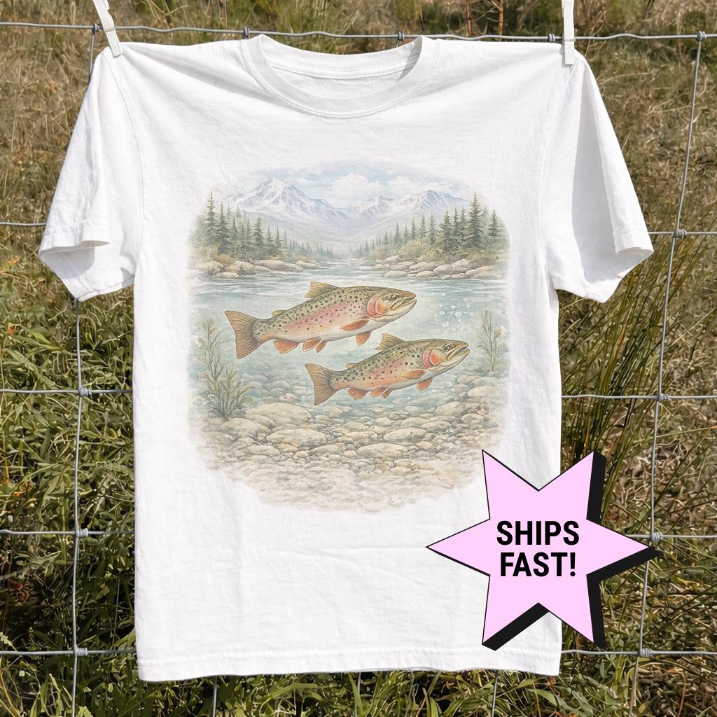 Vintage Trout 90s Fishing Mountain River Landscape Comfort Colors Tee Retro Fisherman Outdoor Fisherman (2)