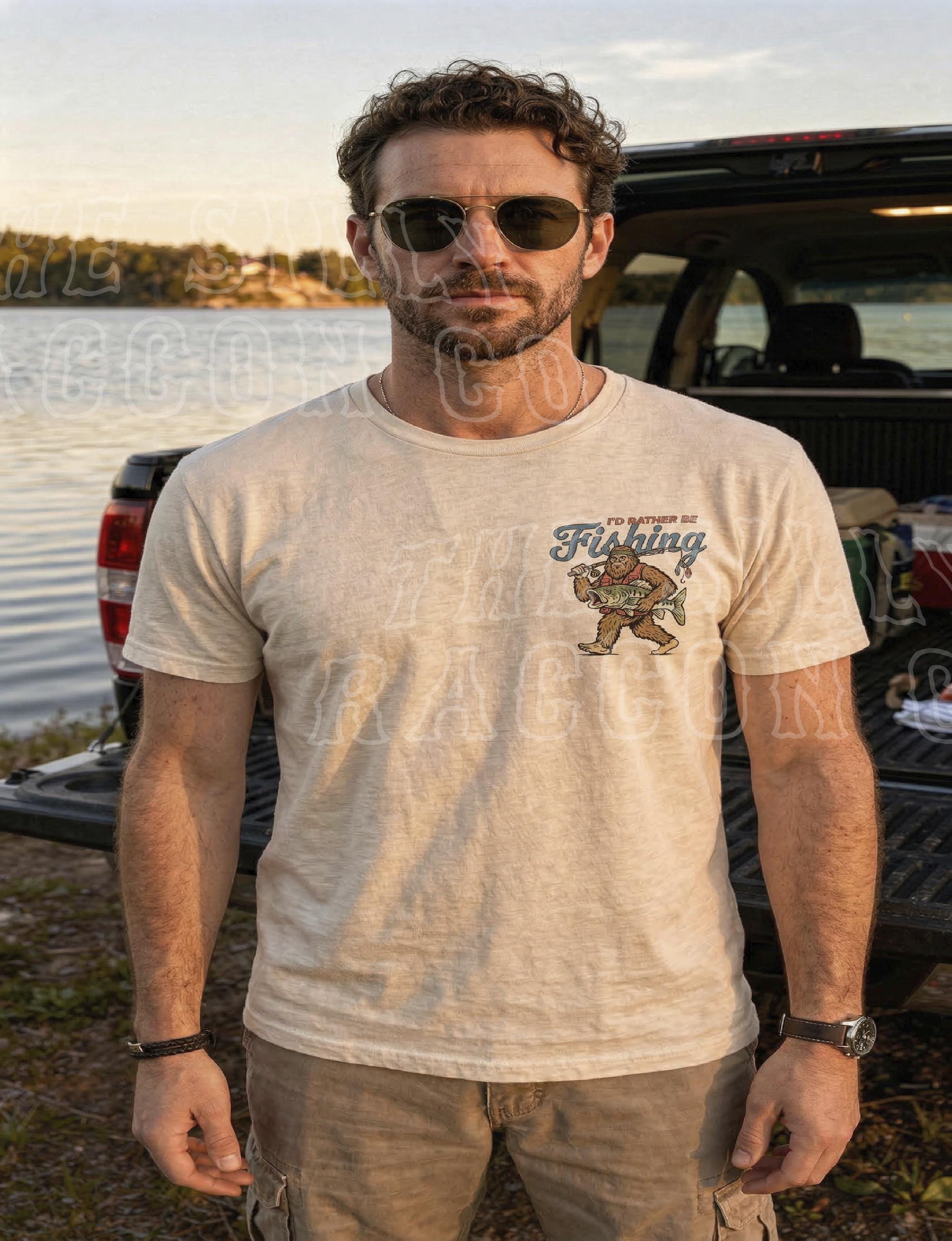 Retro Sasquatch Bigfoot Fishing I'D Rather Fishing Tee Vintage Cryptidcore Fisherman (4)