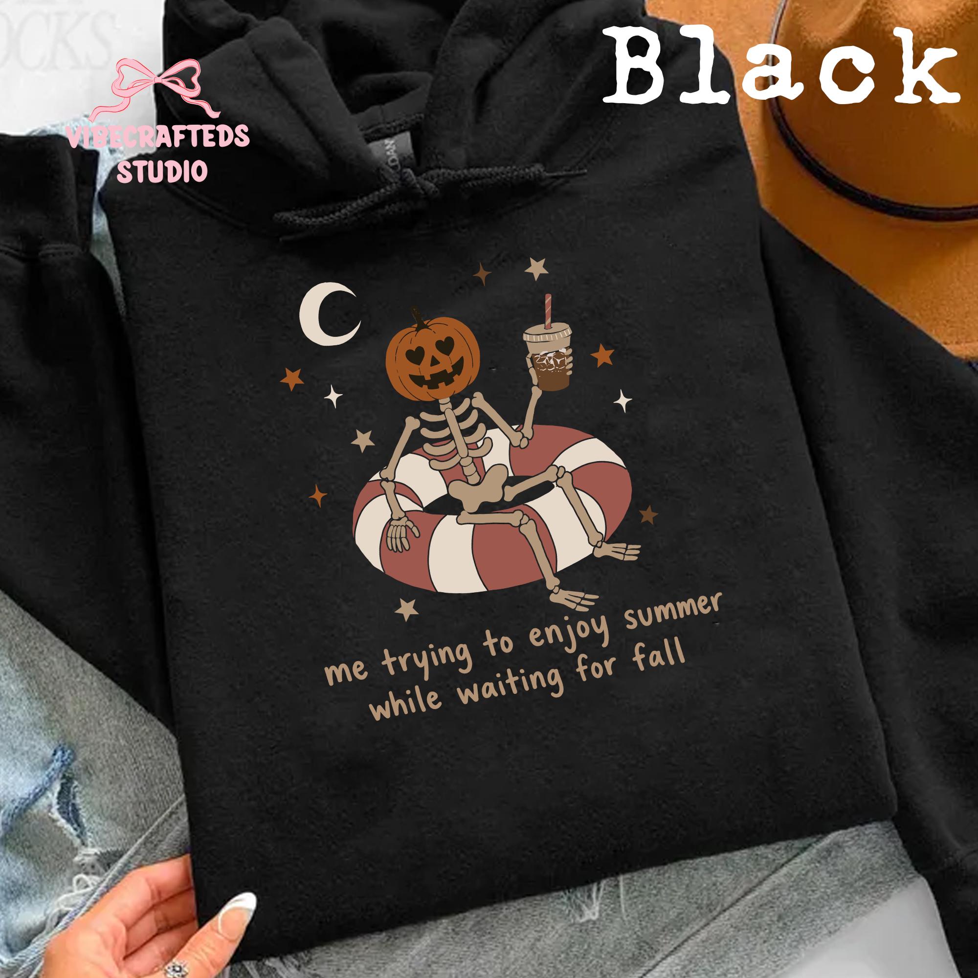 Summerween Skeleton Trying Enjoy Summer While Waiting Fall Tee Pumpkin Halloween Comfort Colors Fall Lover (4)