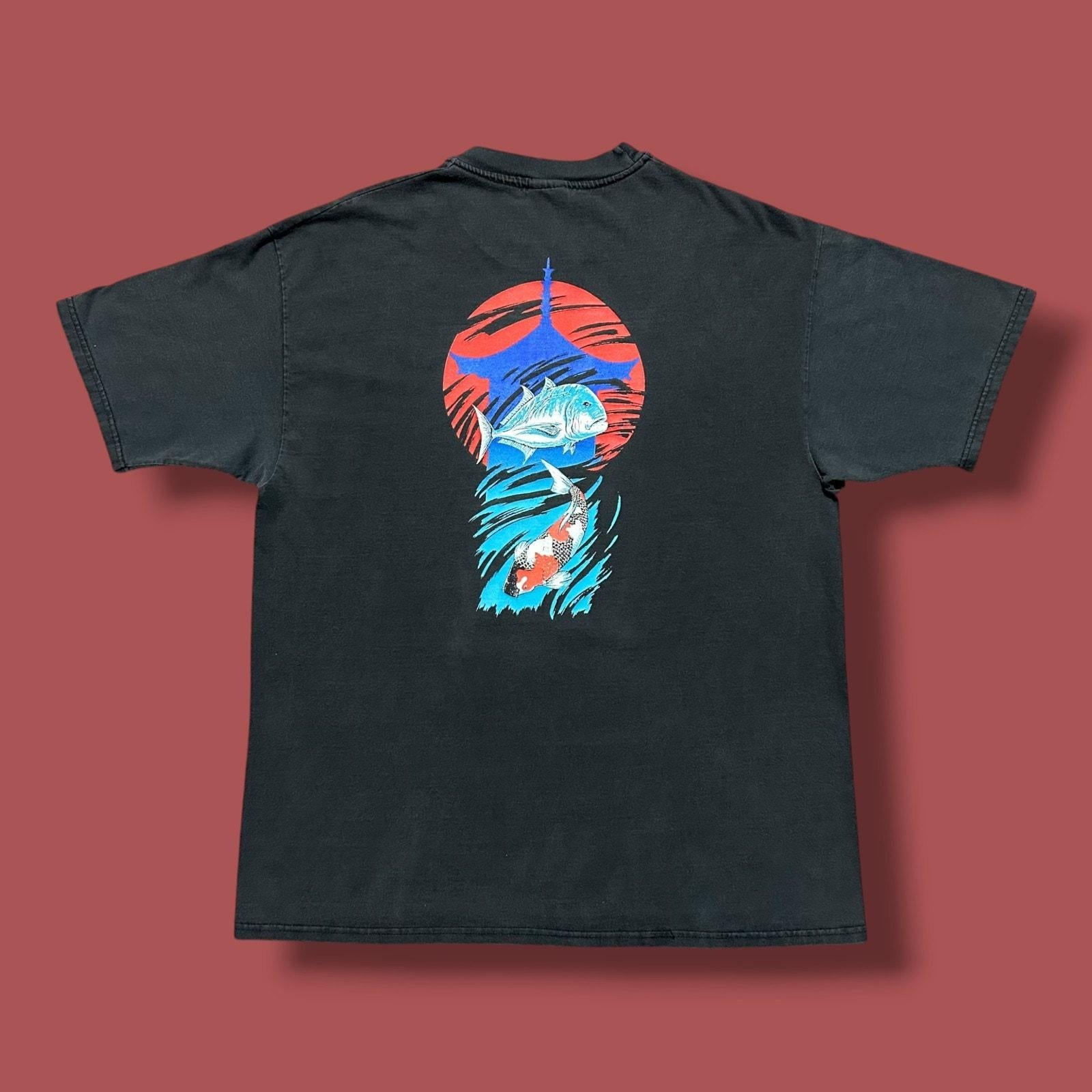 Vintage Faded Black 90s Pagoda Fishing Xl Japanese Art Unisex T-shirt, Sweatshirt, Hoodie (1)