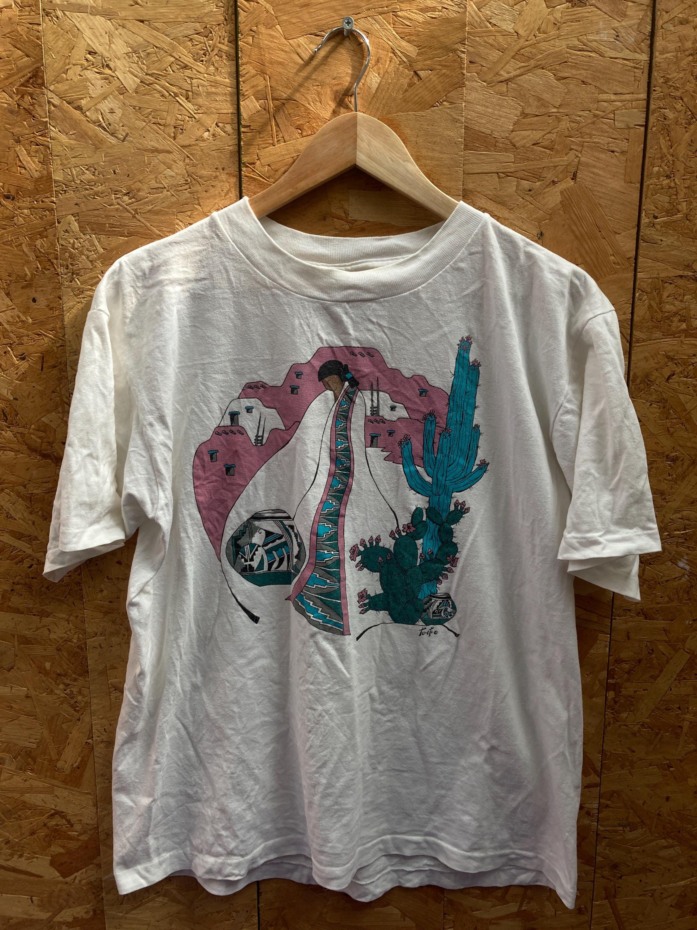 Vintage 90s Southwestern Native American Girl Cactus Single Stitch Souvenir Size Large Oneita (2)