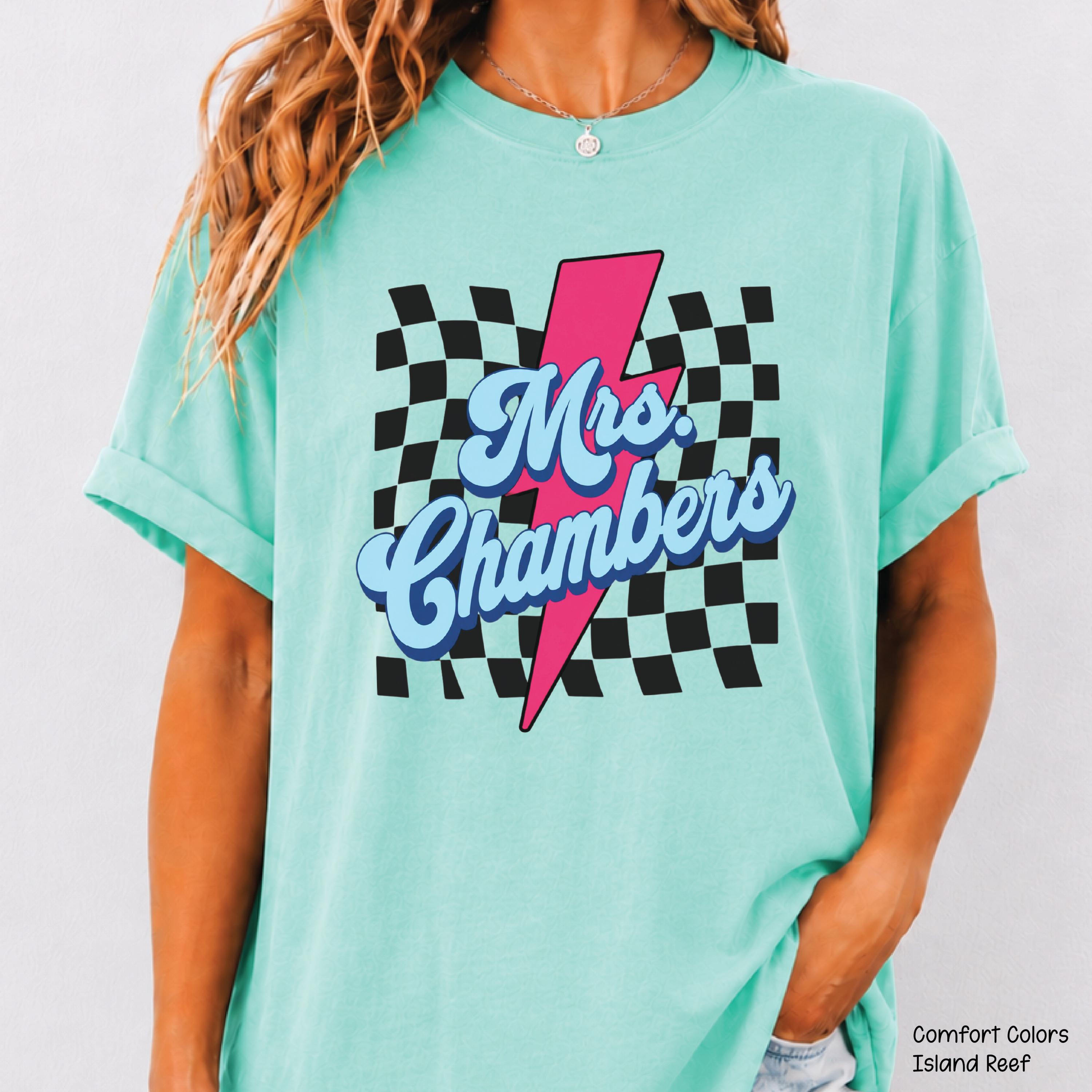 Teacher Custom Teacher Name Personalized Educator Retro Checkerboard Lightning Bolt Tee (4)