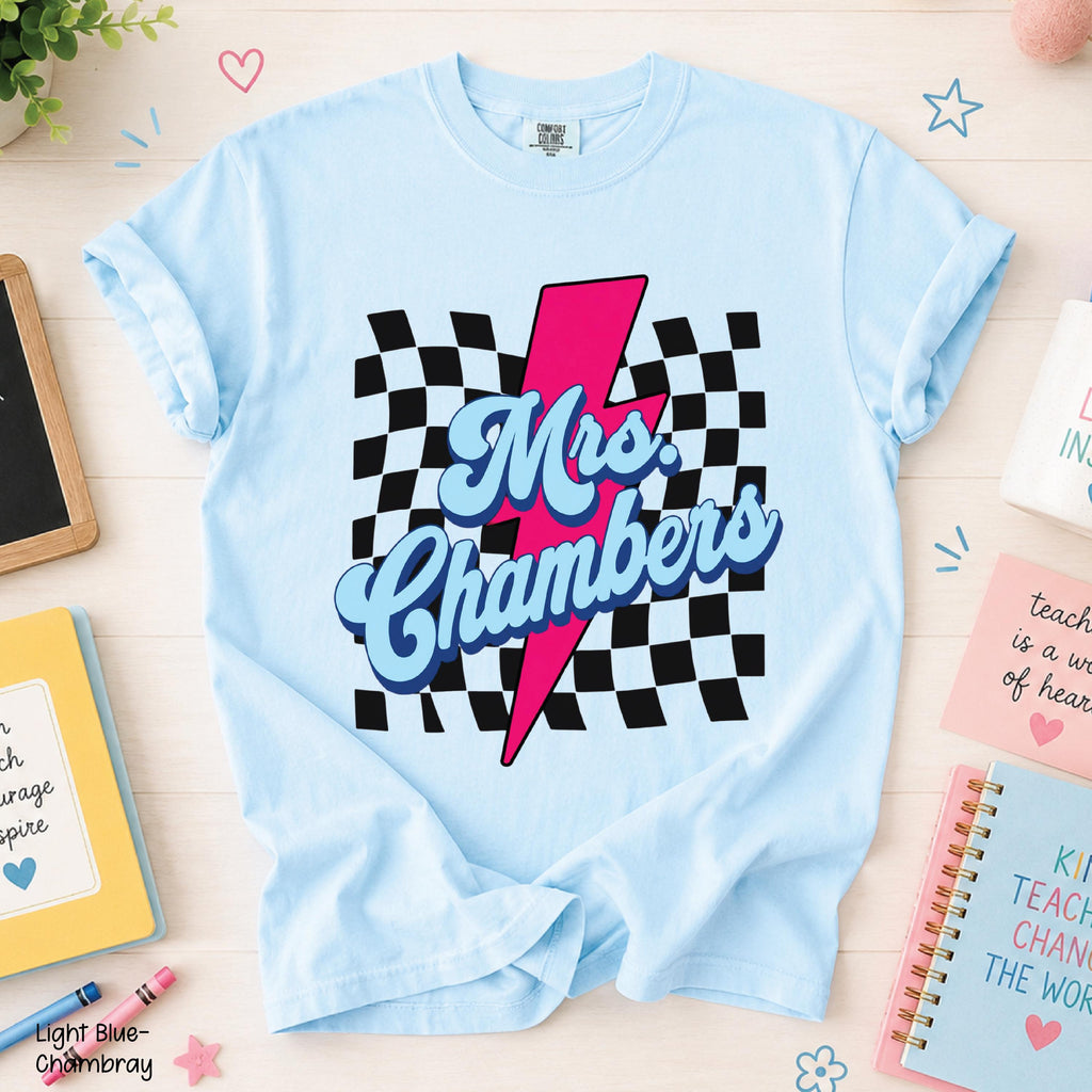 Teacher Custom Teacher Name Personalized Educator Retro Checkerboard Lightning Bolt Tee (3)