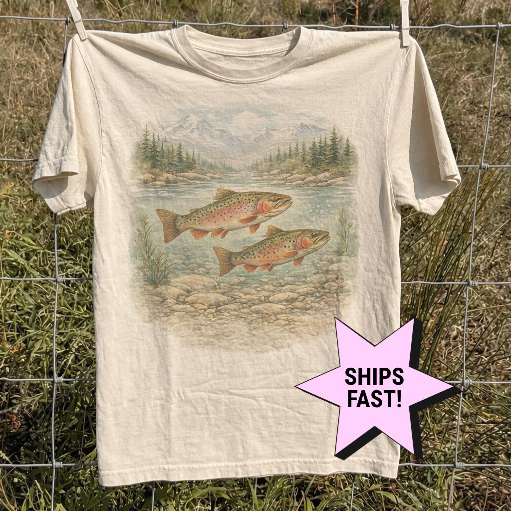 Vintage Trout 90s Fishing Mountain River Landscape Comfort Colors Tee Retro Fisherman Outdoor Fisherman (1)
