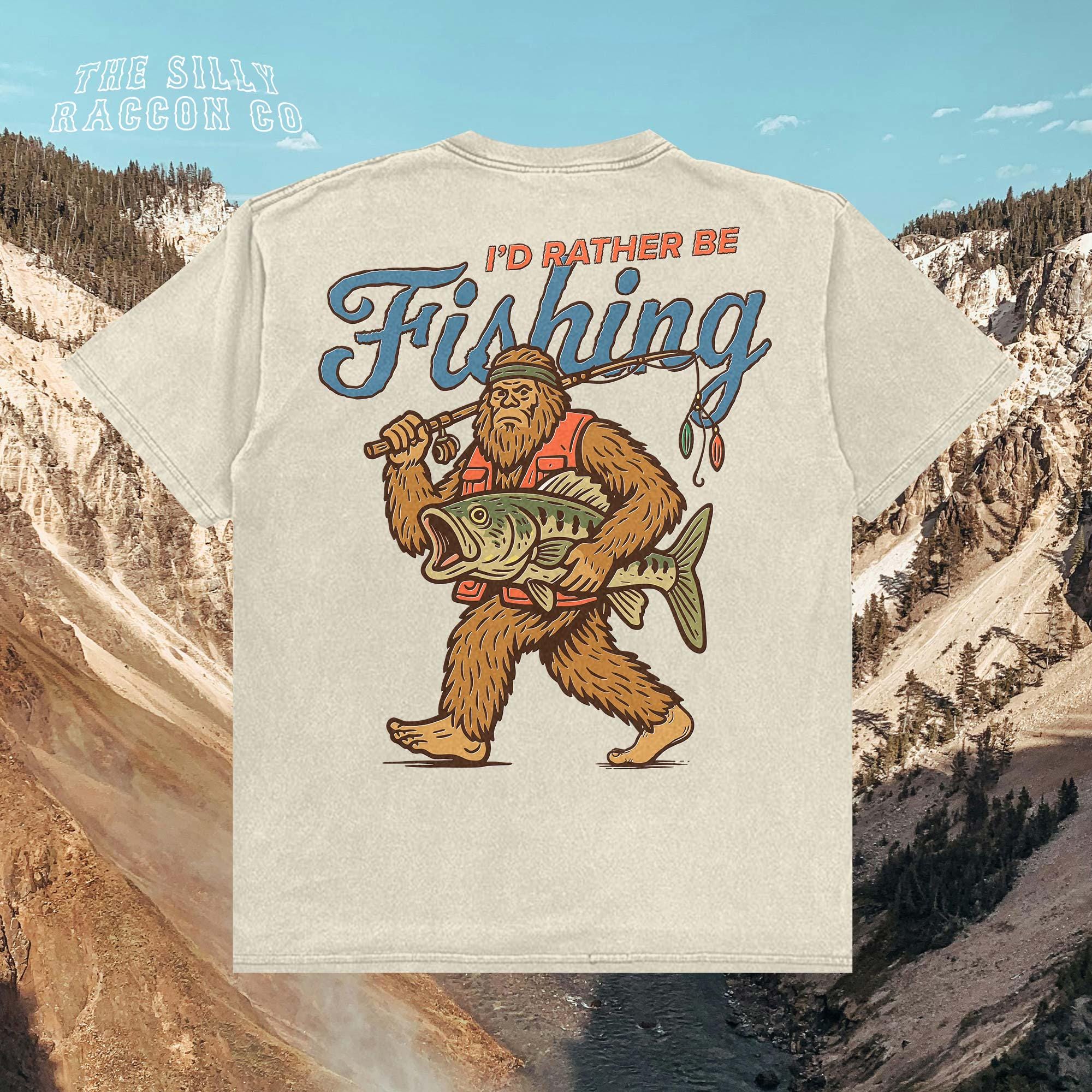 Retro Sasquatch Bigfoot Fishing I'D Rather Fishing Tee Vintage Cryptidcore Fisherman (1)