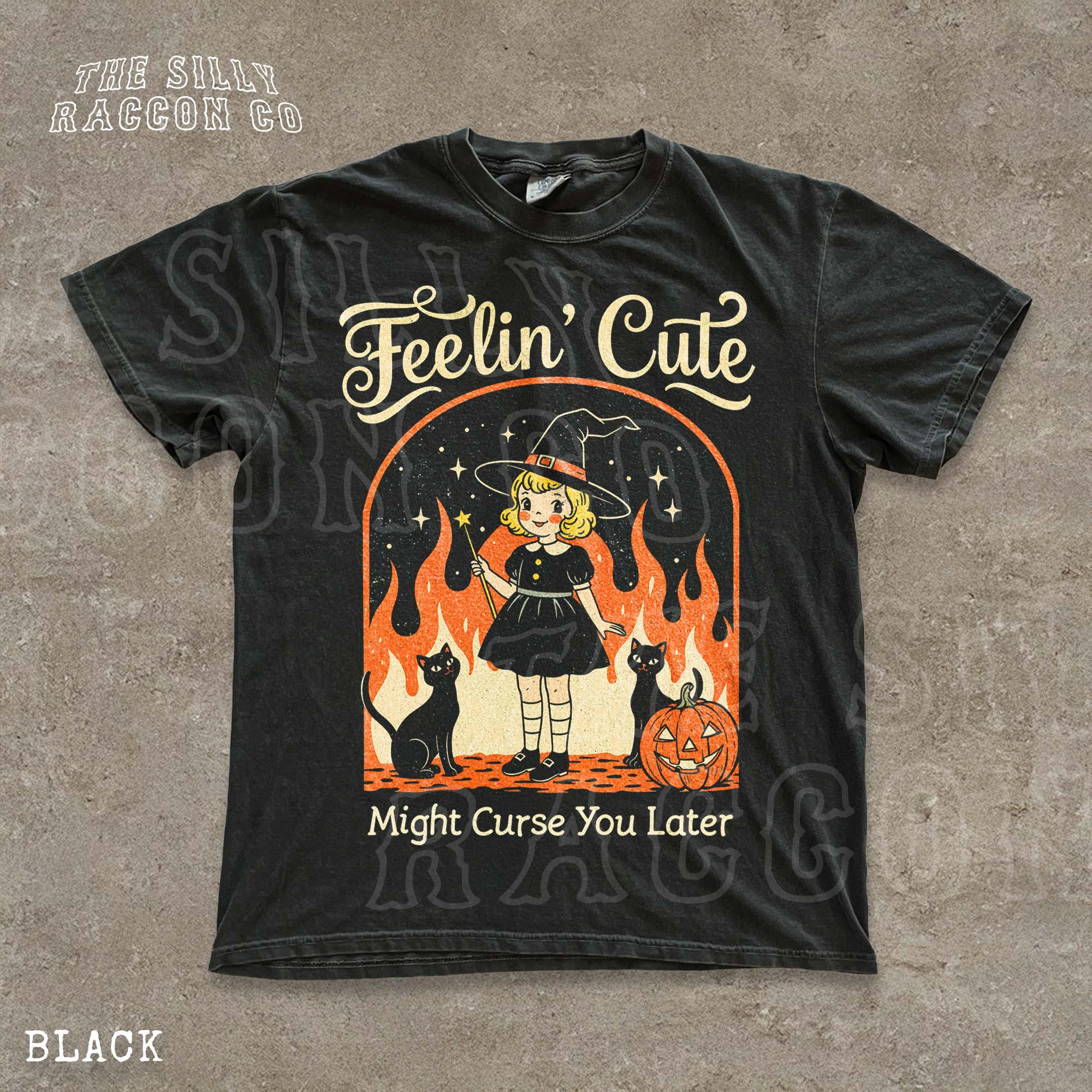 Sarcastic Halloween Feelin Witchy Tee Vintage Spooky Season Retro Black Cat (3)