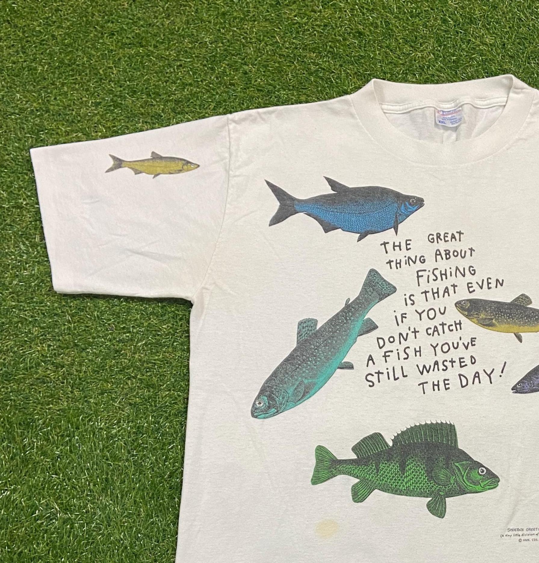 Vintage Fishing Tee Shoebox Greetings Made Usa Size Xxl 2xl Guy Harvey Bass Pro Shops Fishing Accessories Hunting Nature 90s (2)