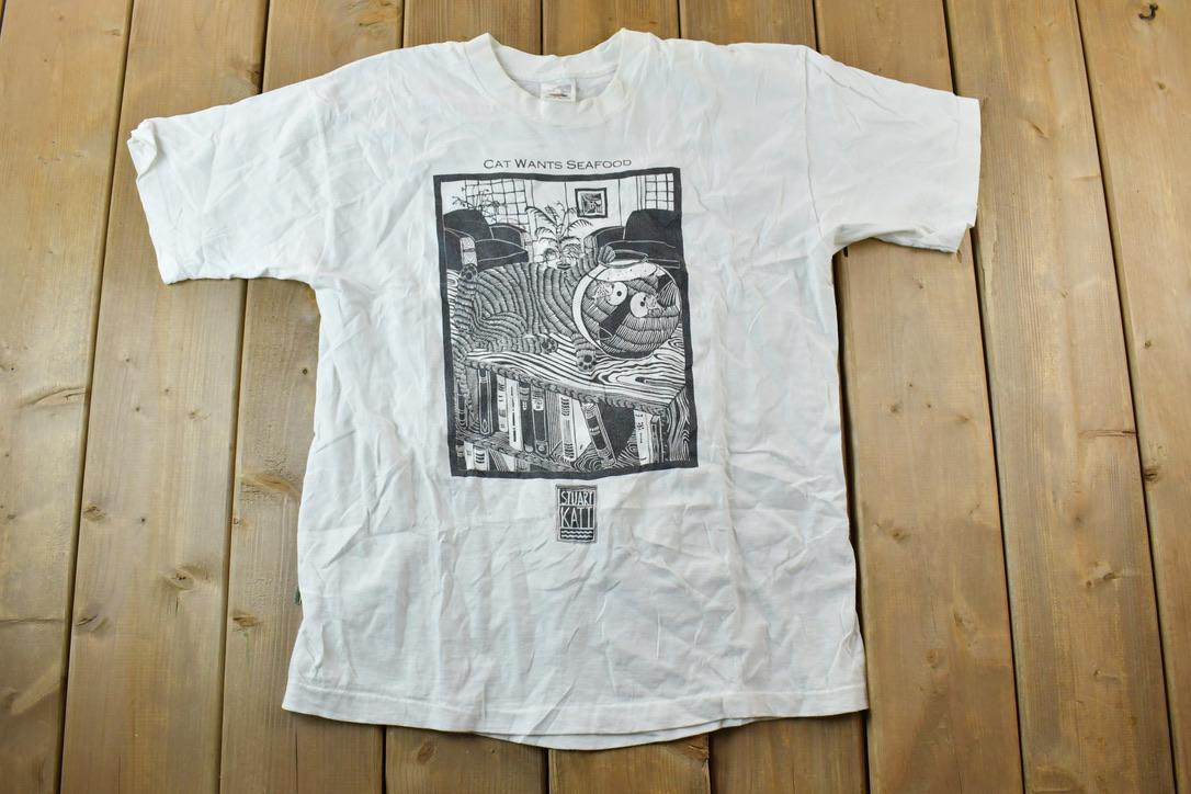 Vintage 1990s Cat Wants Seafood Single Stitch Streetwear Nature Outdoorsman (1)
