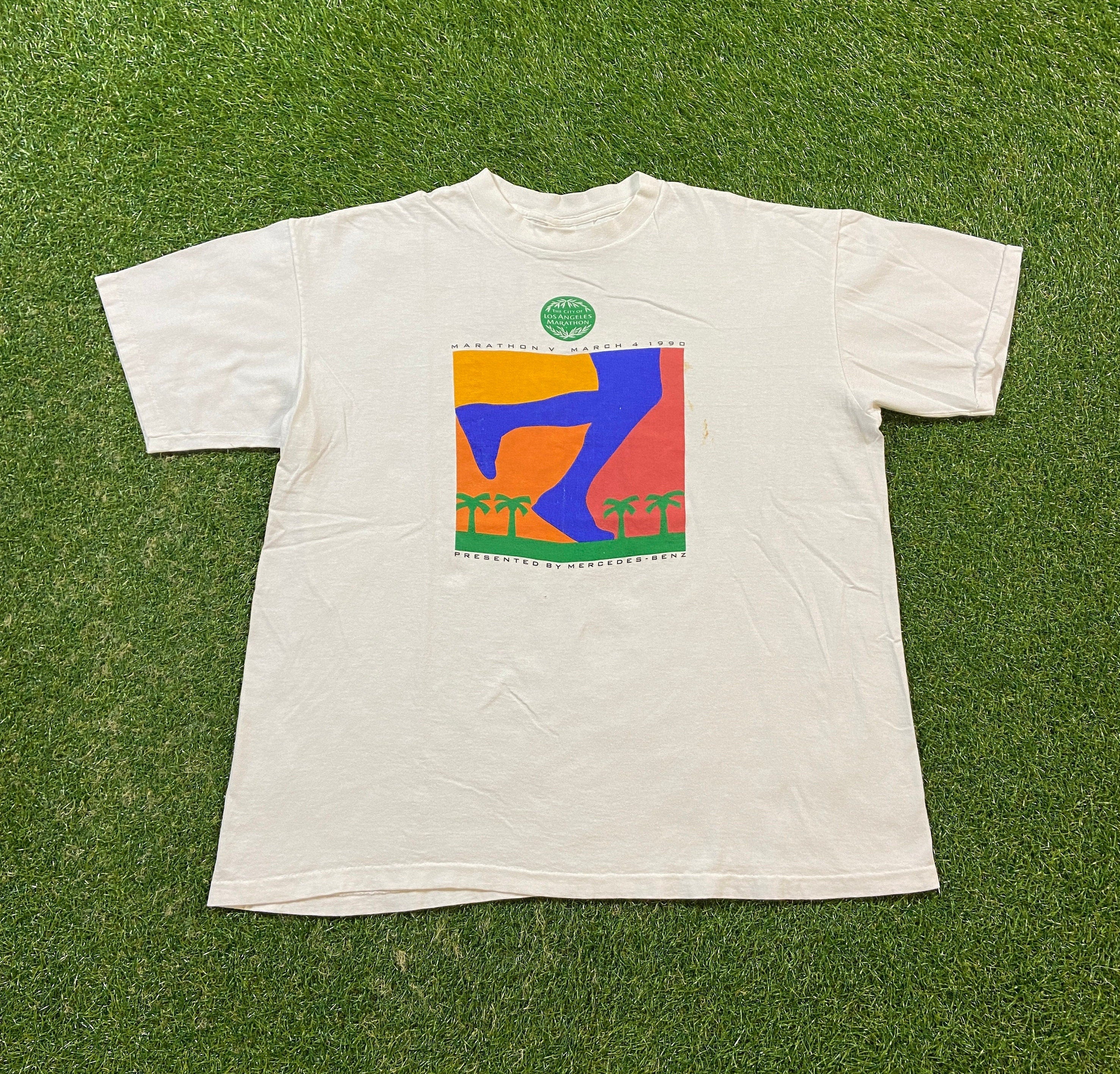 Vintage Marathon Tee Made Usa Size Xtra Large Xl City Los Angeles Marathon Running Mercedes Benz California 1990s 90s (1)