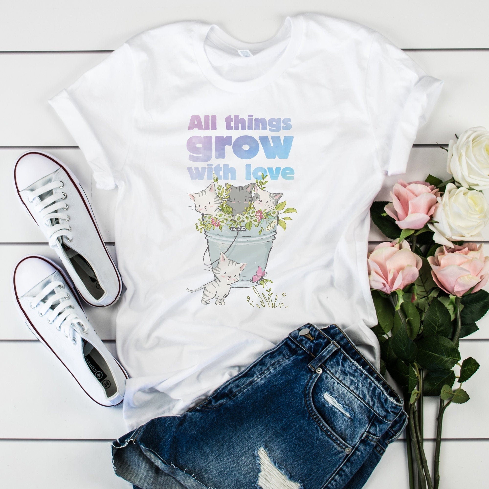Things Grow Love Kitten Spring Nature Tee Catlover Cat Lover Flower Concept (1)