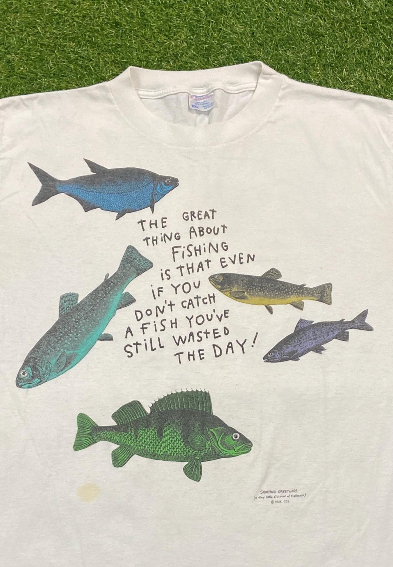 Vintage Fishing Tee Shoebox Greetings Made Usa Size Xxl 2xl Guy Harvey Bass Pro Shops Fishing Accessories Hunting Nature 90s (4)
