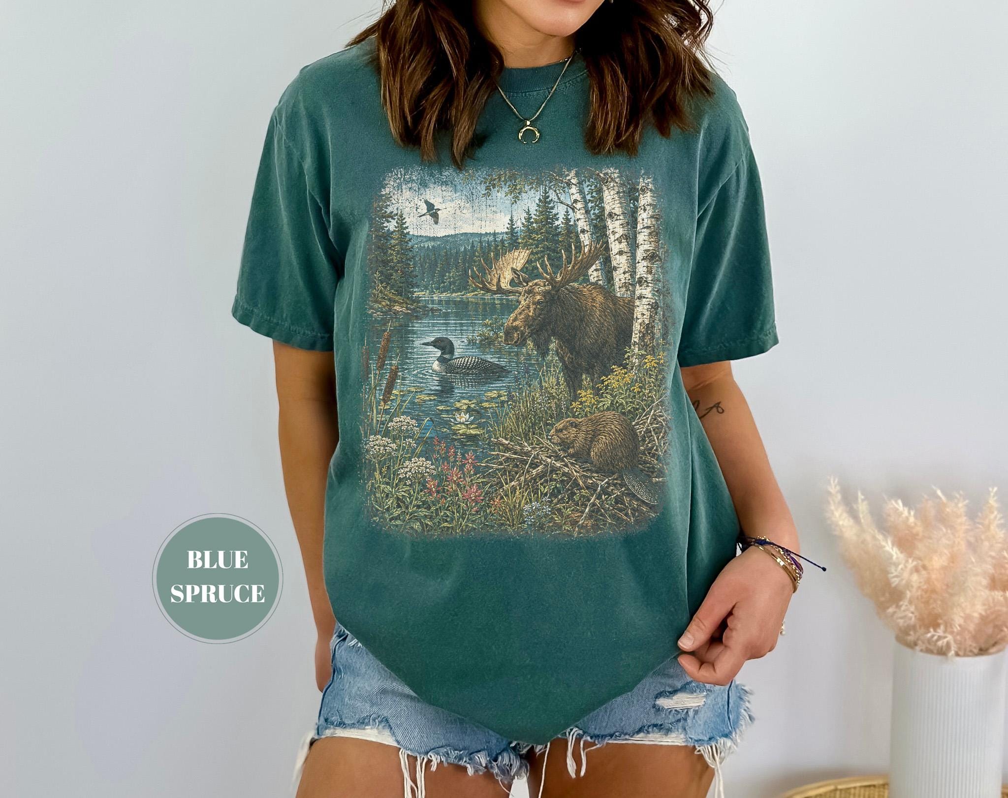 Vintage Nature Wildlife North Woods Tee Cottagecore Lake Loon Oversized Comfort Colors Cabincore Outdoor (3)