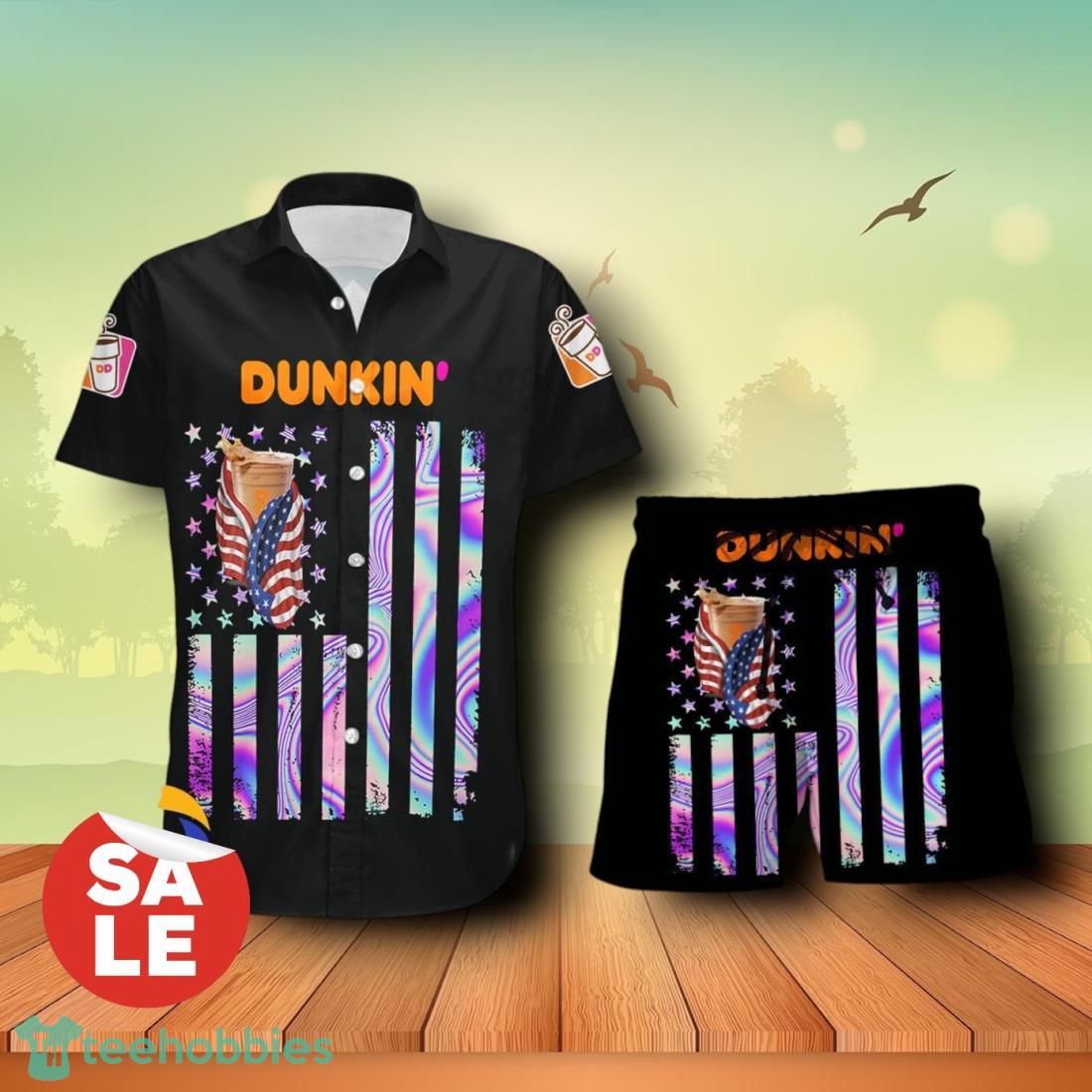 Dunkin Donuts USA Flag Aloha Summer Beach Combo Hawaiian Shirt & Shorts For Men Women