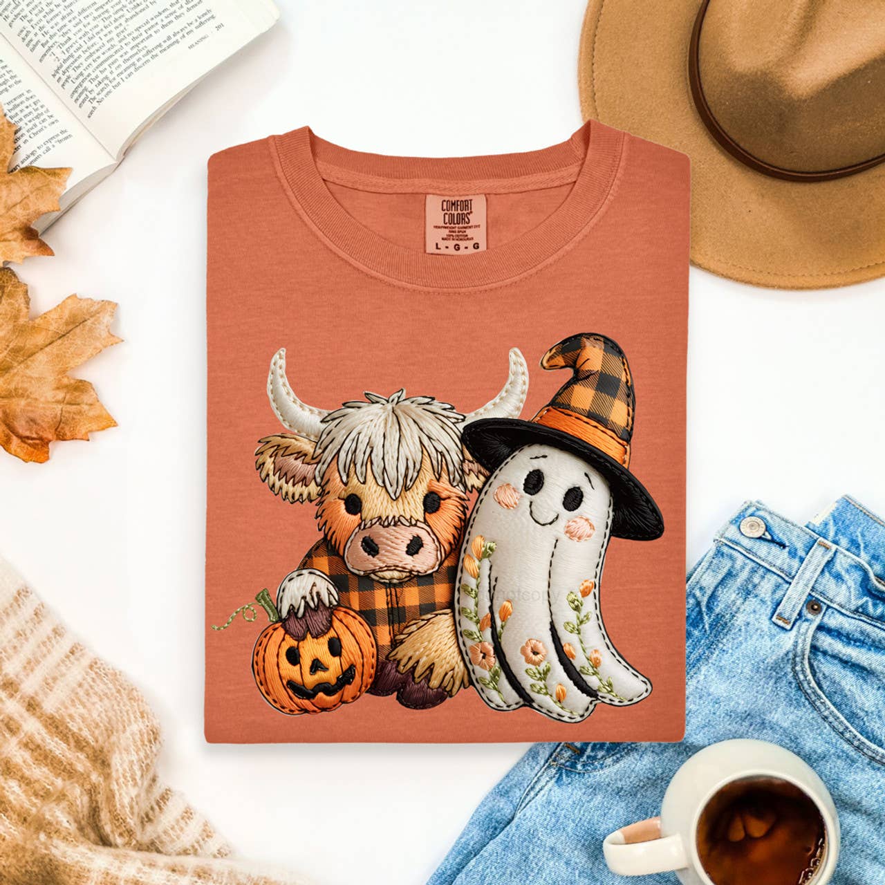 Cow with Ghost Faux Embroidery Tee Hoodie, Sweatshirt | PodTeesHub.com