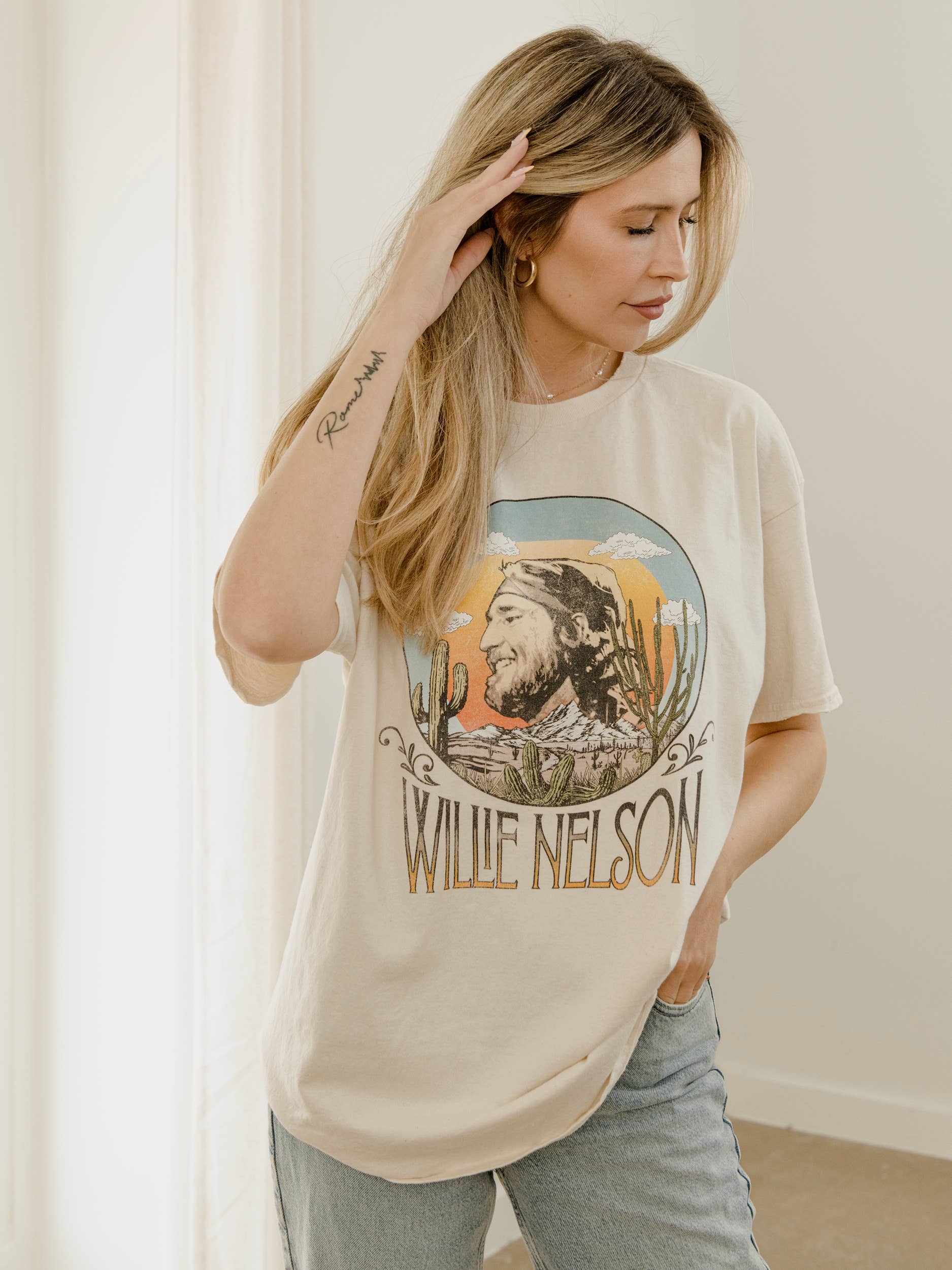 Willie Nelson in the Sky Off White Thrifted Graphic Tee Hoodie, Sweatshirt | PodTeesHub.com