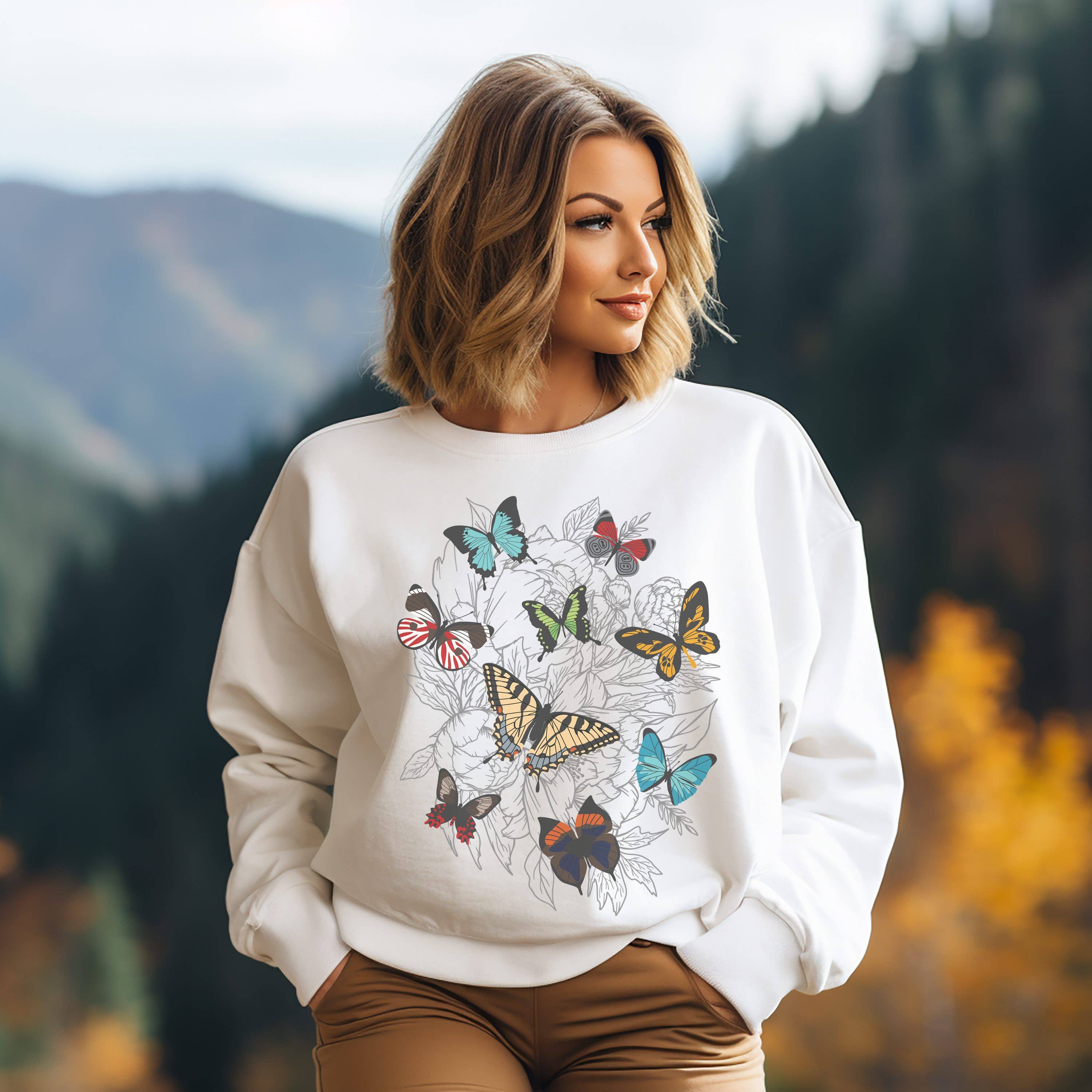 Retro Butterflies Crew Neck Sweatshirt T-Shirts, Hoodie | PodTeesHub.com