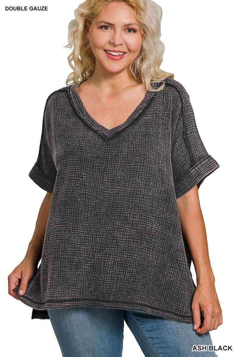 1209 Plus Acid Washed Double Gauze Cuffed Sleeve Raw Hem Tee SI-2 Hoodie, Sweatshirt | PodTeesHub.com
