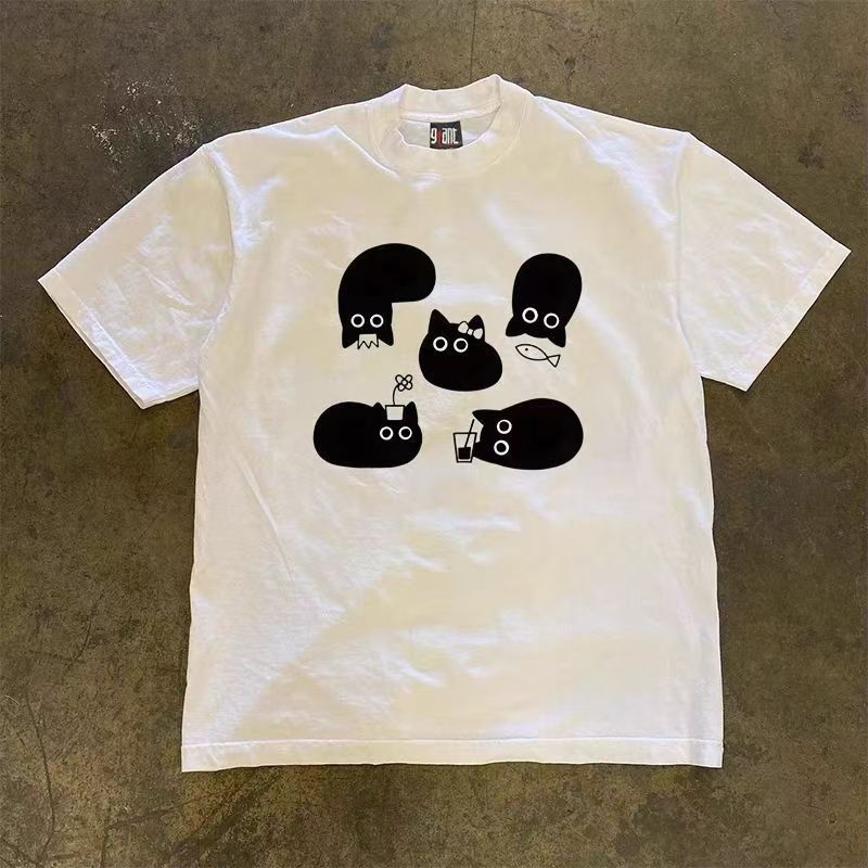 Japanese Brand White Casual Retro Cute Cat Print T Shirt Hoodie, Sweatshirt | PodTeesHub.com