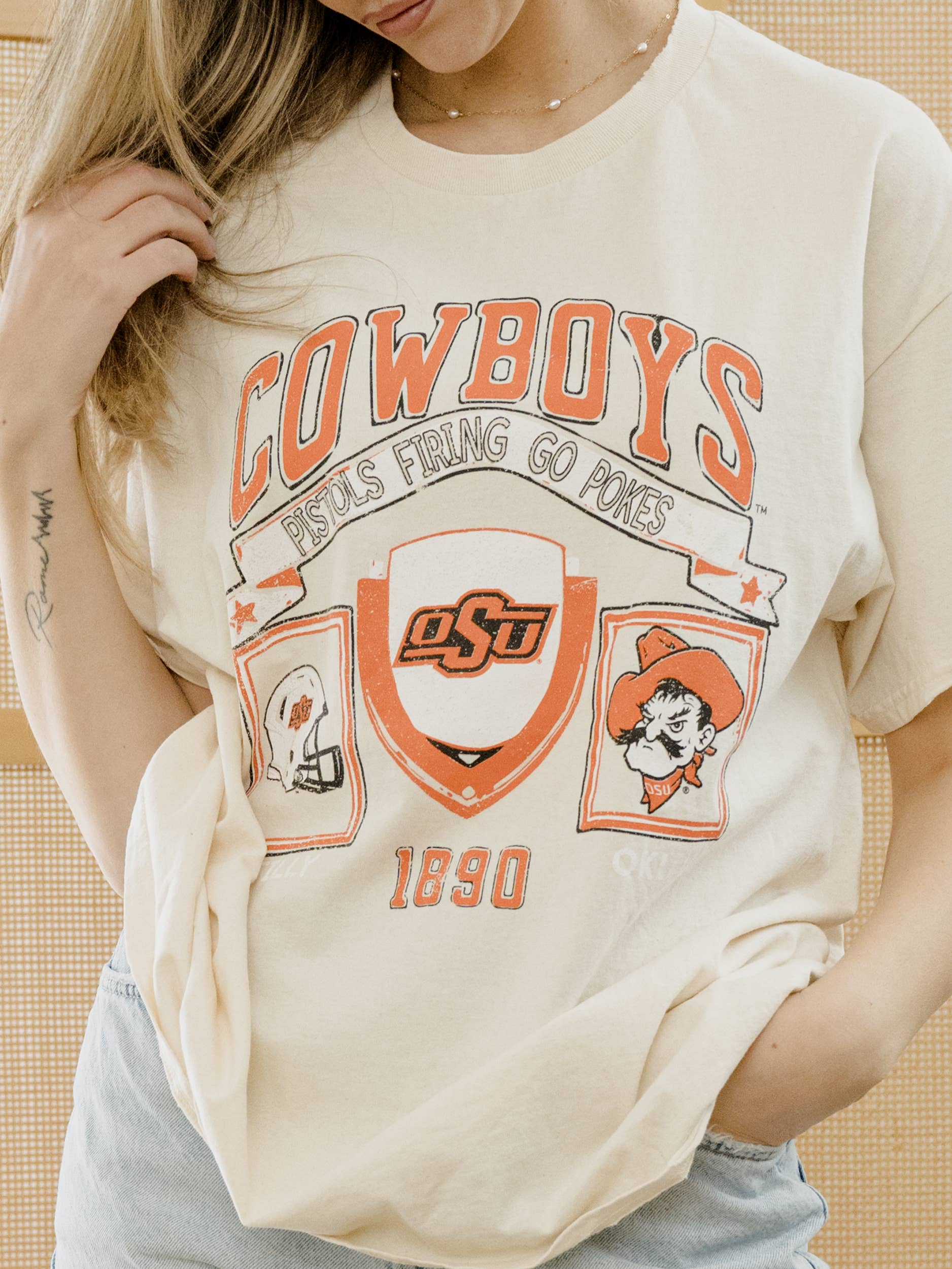 Osu Cowboys Prep Patch Off White Thrifted Tee Hoodie, Sweatshirt | PodTeesHub.com