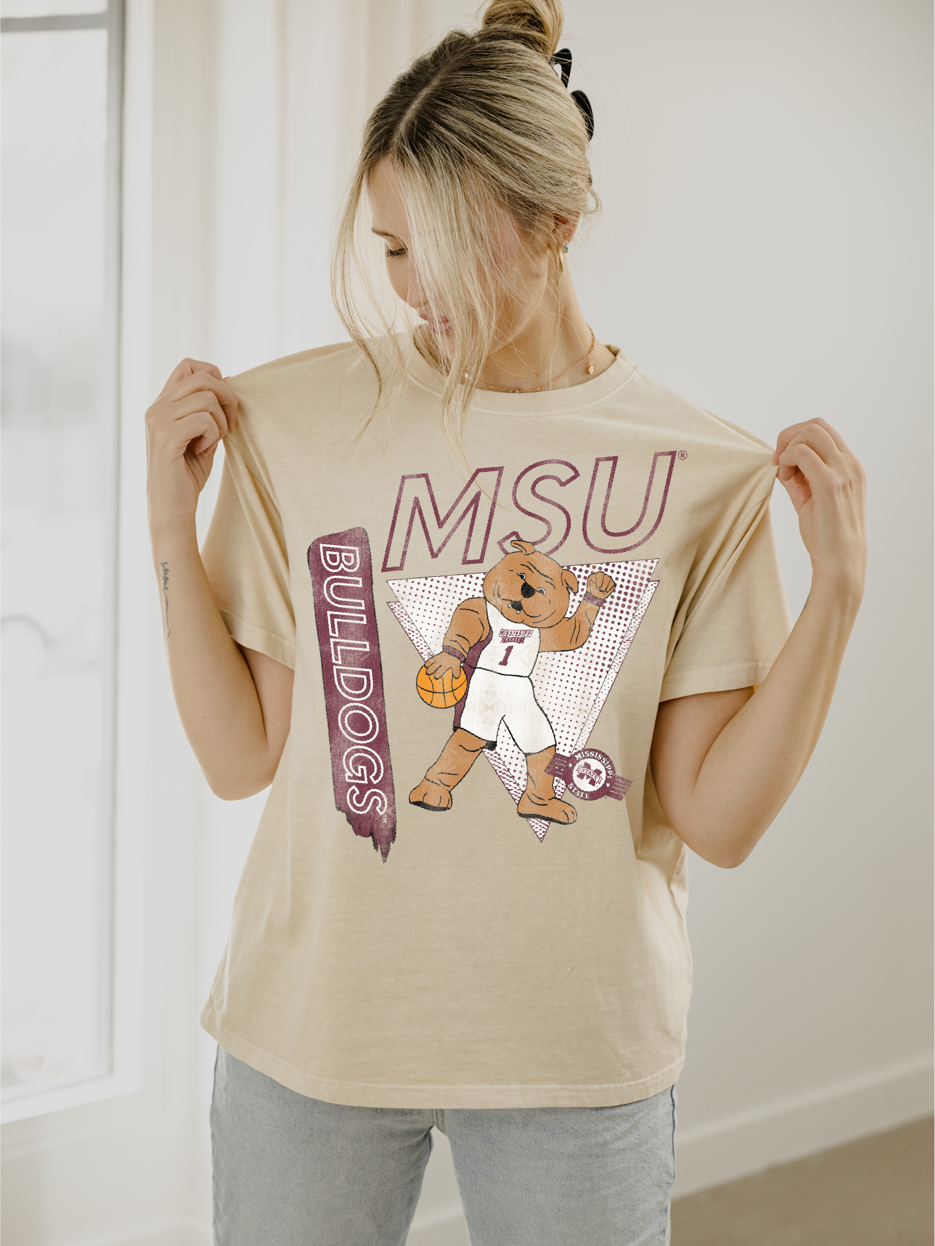 Mississippi State Bulldogs Courtside Thrifted Tee Hoodie, Sweatshirt | PodTeesHub.com