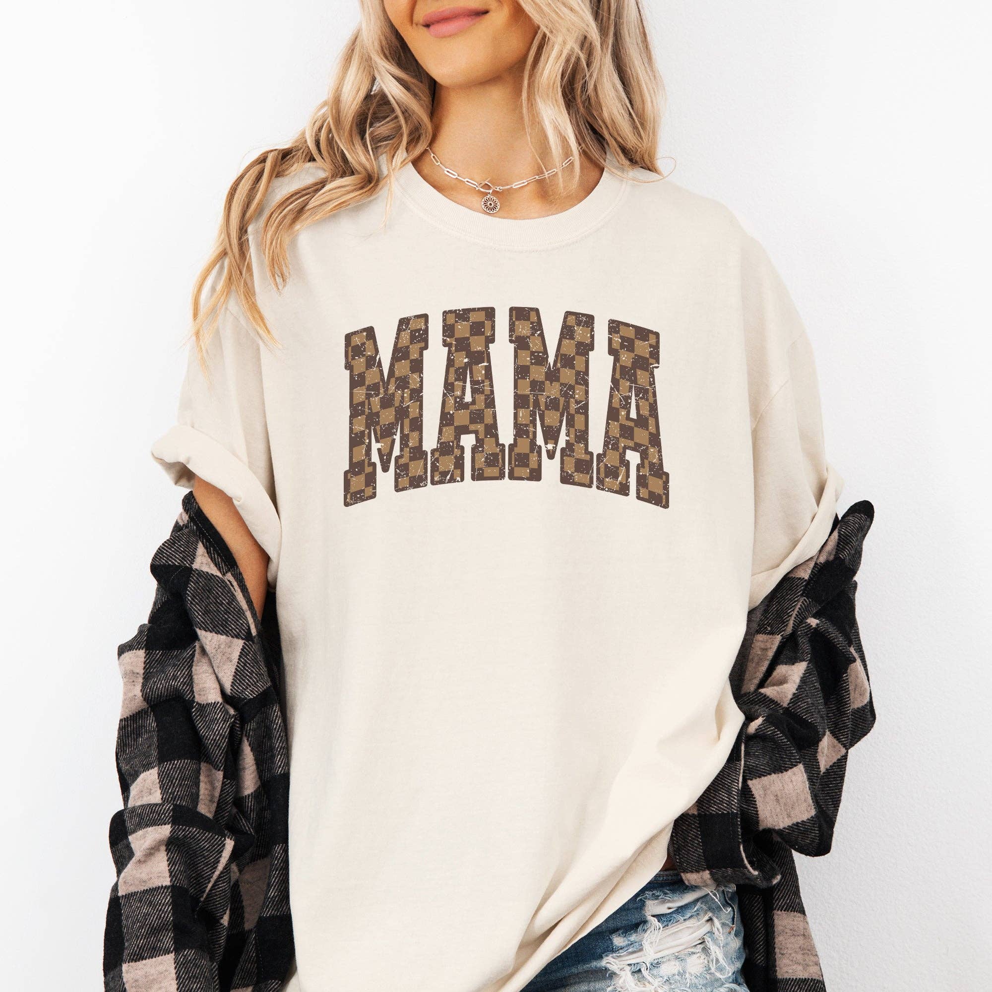 Mama, Brown Checkered, Retro, Varsity, Mother's Day Tshirt Hoodie, Sweatshirt | PodTeesHub.com