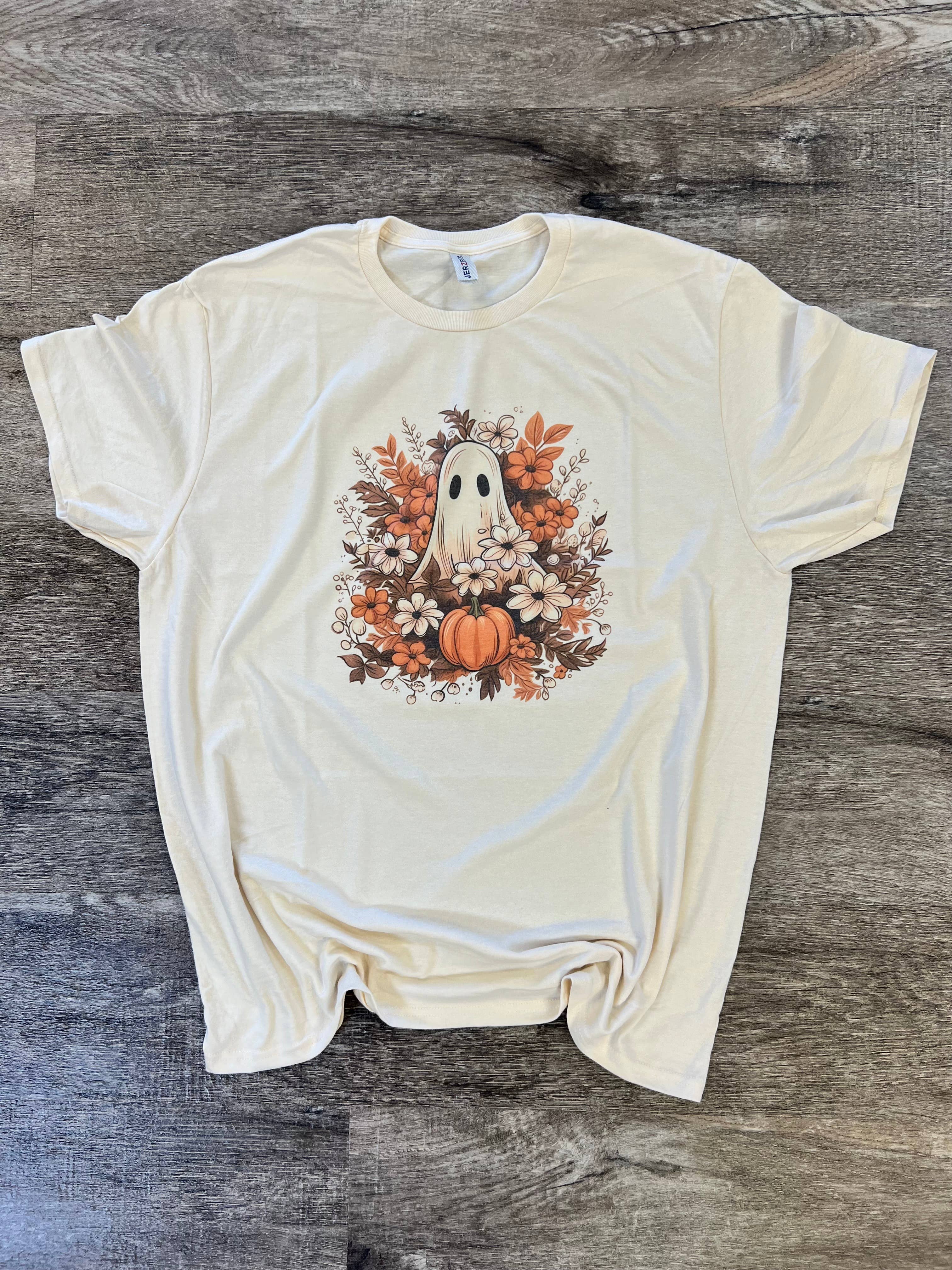 Vintage Fall Floral Ghost with Pumpkin On Cream Tee Hoodie, Sweatshirt | PodTeesHub.com