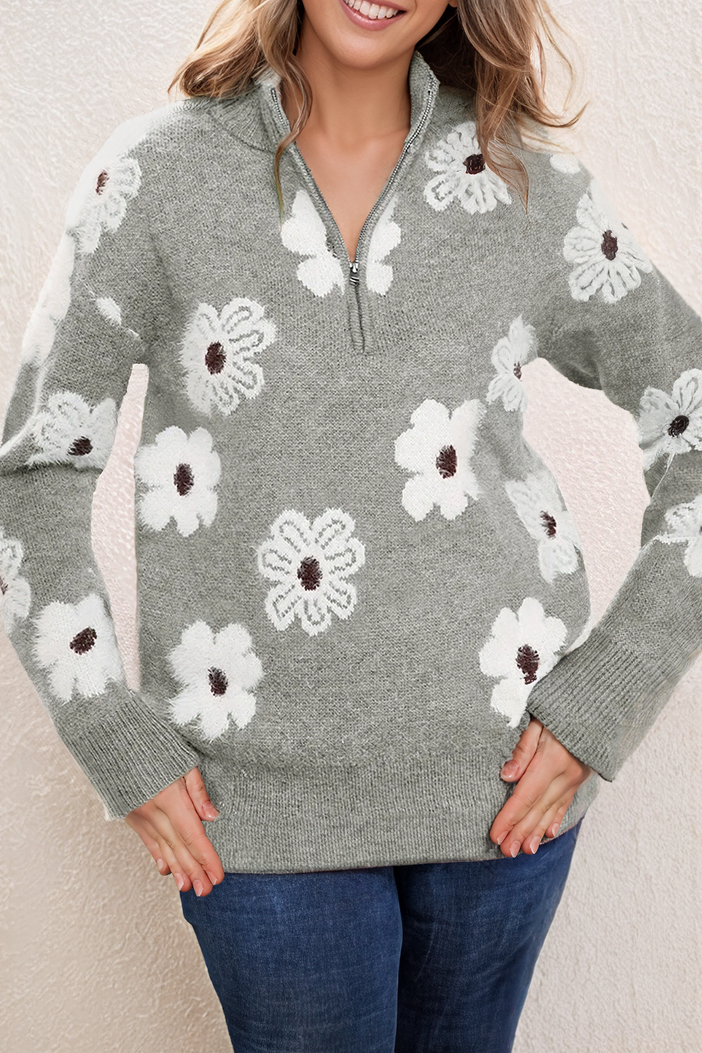 Plus Size Embroidered Floral Pattern Half Zip Sweater (S-4X) T-Shirts, Hoodie, Sweatshirt | PodTeesHub.com