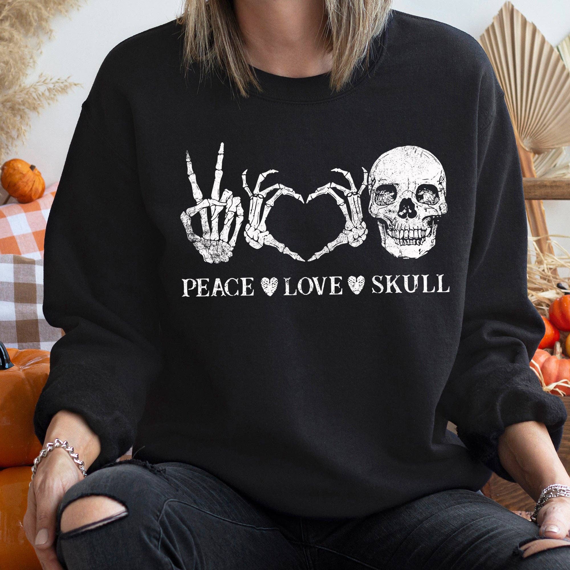 Peace Love Skull Halloween Sweatshirt T-Shirts, Hoodie | PodTeesHub.com