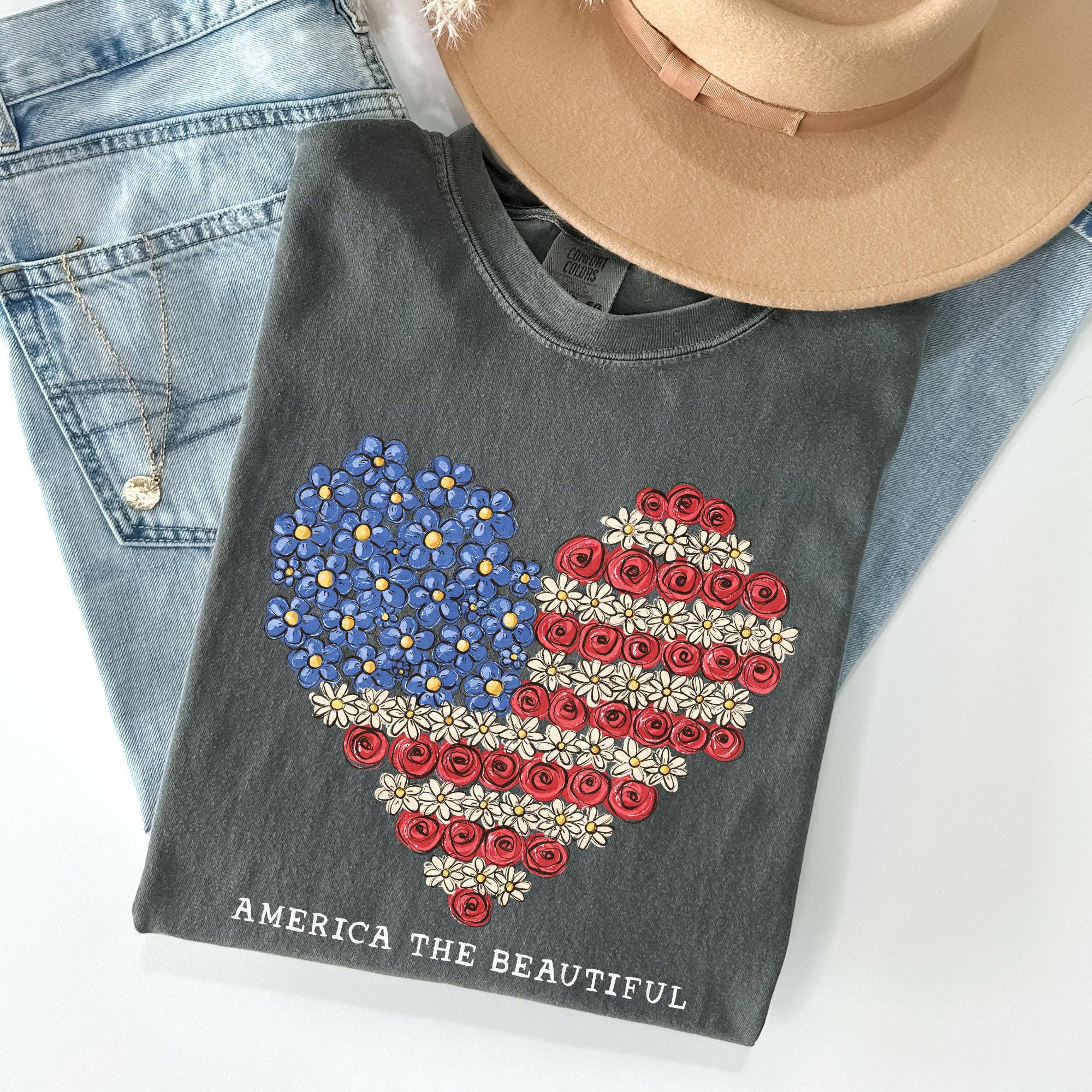 America the Beautiful, Flowers, Heart Flag, Patriotic Tshirt Hoodie, Sweatshirt | PodTeesHub.com