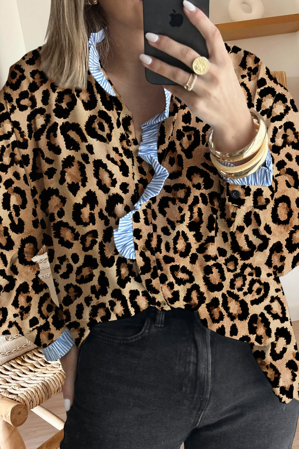 Leopard Print Stripe Frilled Mock Neck Shirt (S-Xl) Hoodie, Sweatshirt | PodTeesHub.com