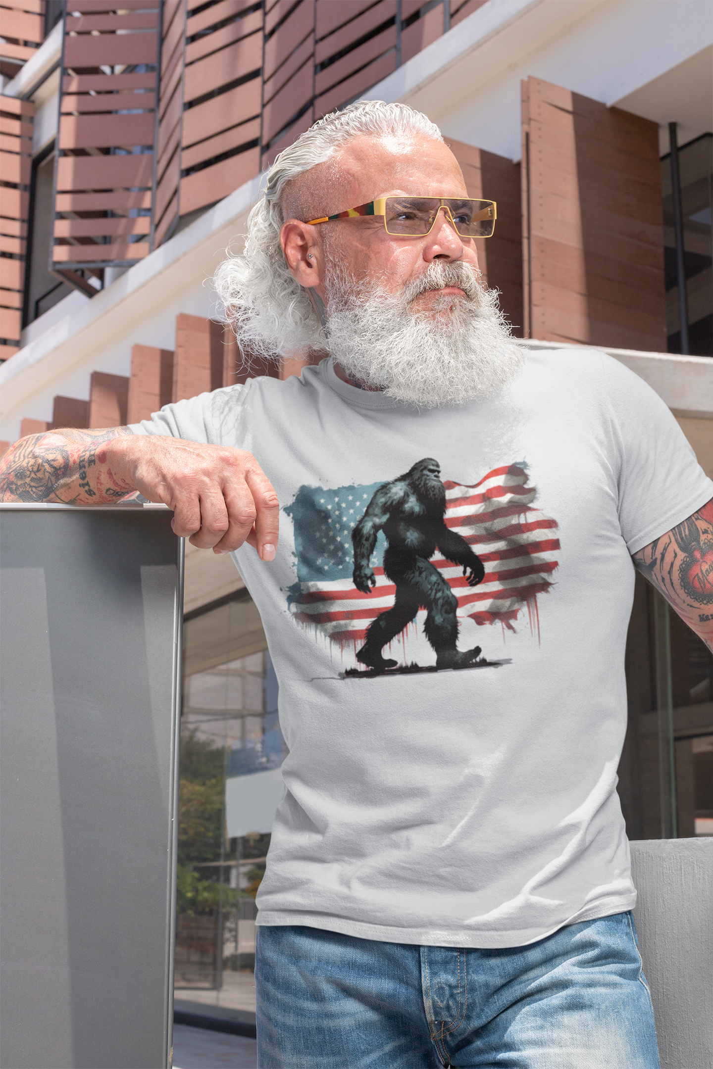 Full Bigfoot Us Flag T-Shirt (Grey) Hoodie, Sweatshirt | PodTeesHub.com