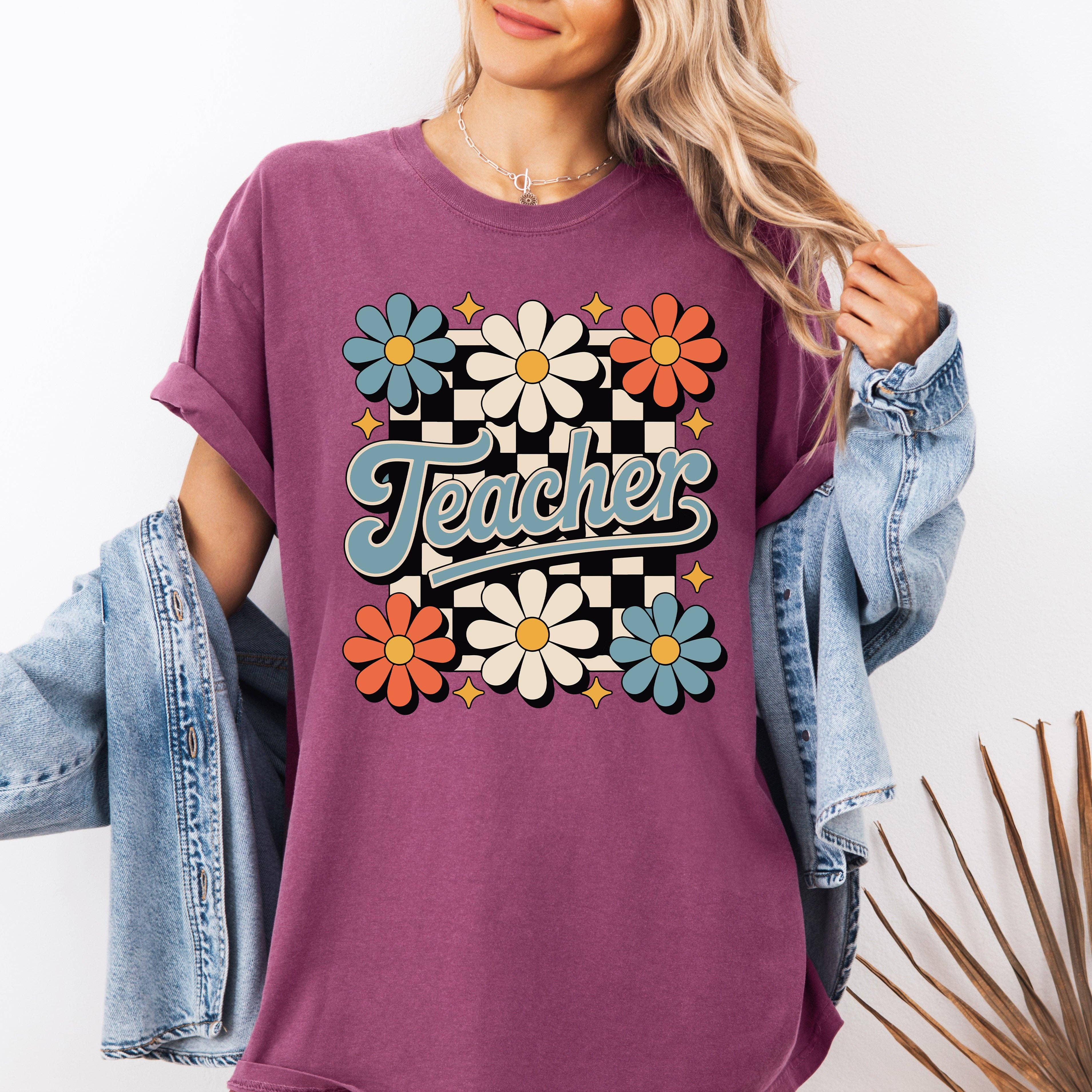 Teacher Floral, Checkered First Day of School, Cute T-Shirt Hoodie, Sweatshirt | PodTeesHub.com