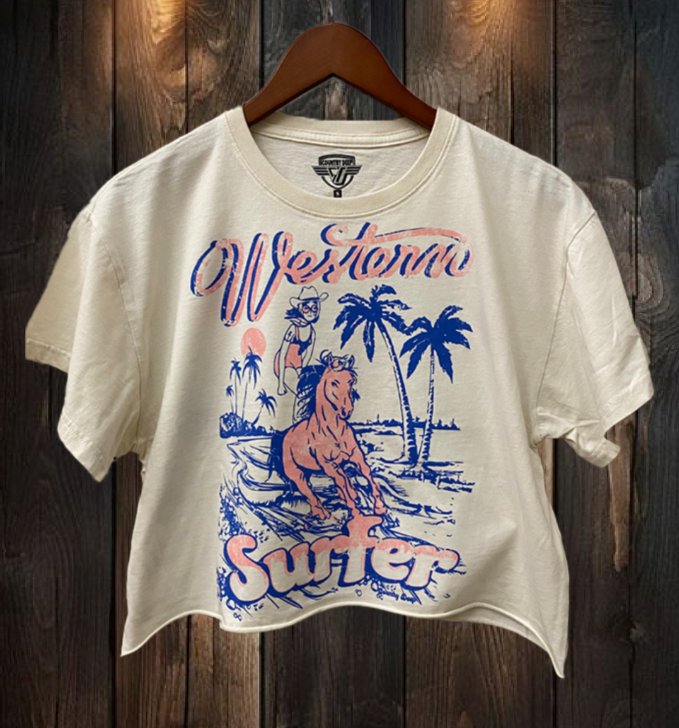 Western Surfer Relaxed Crop T-Shirt Hoodie, Sweatshirt | PodTeesHub.com