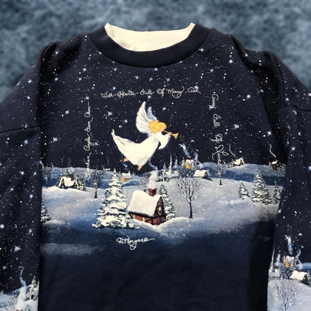 Vintage Artisan Sweatshirt Mens Large Blue Aop Nature Angel Christmas Crewneck Graphic Print T-Shirts, Hoodie
