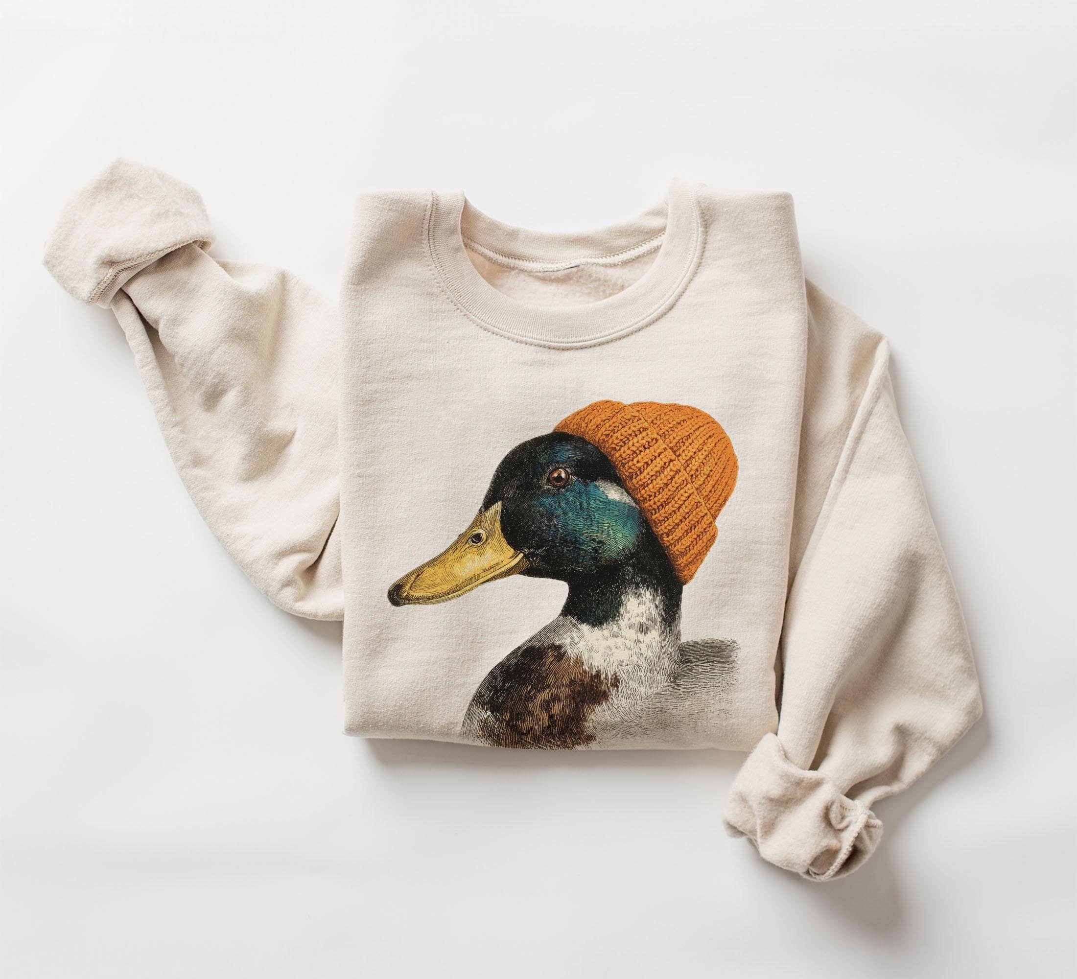 Retro Mallard Duck Beanie Sweatshirt - Wildlife Crewneck T-Shirts, Hoodie | PodTeesHub.com