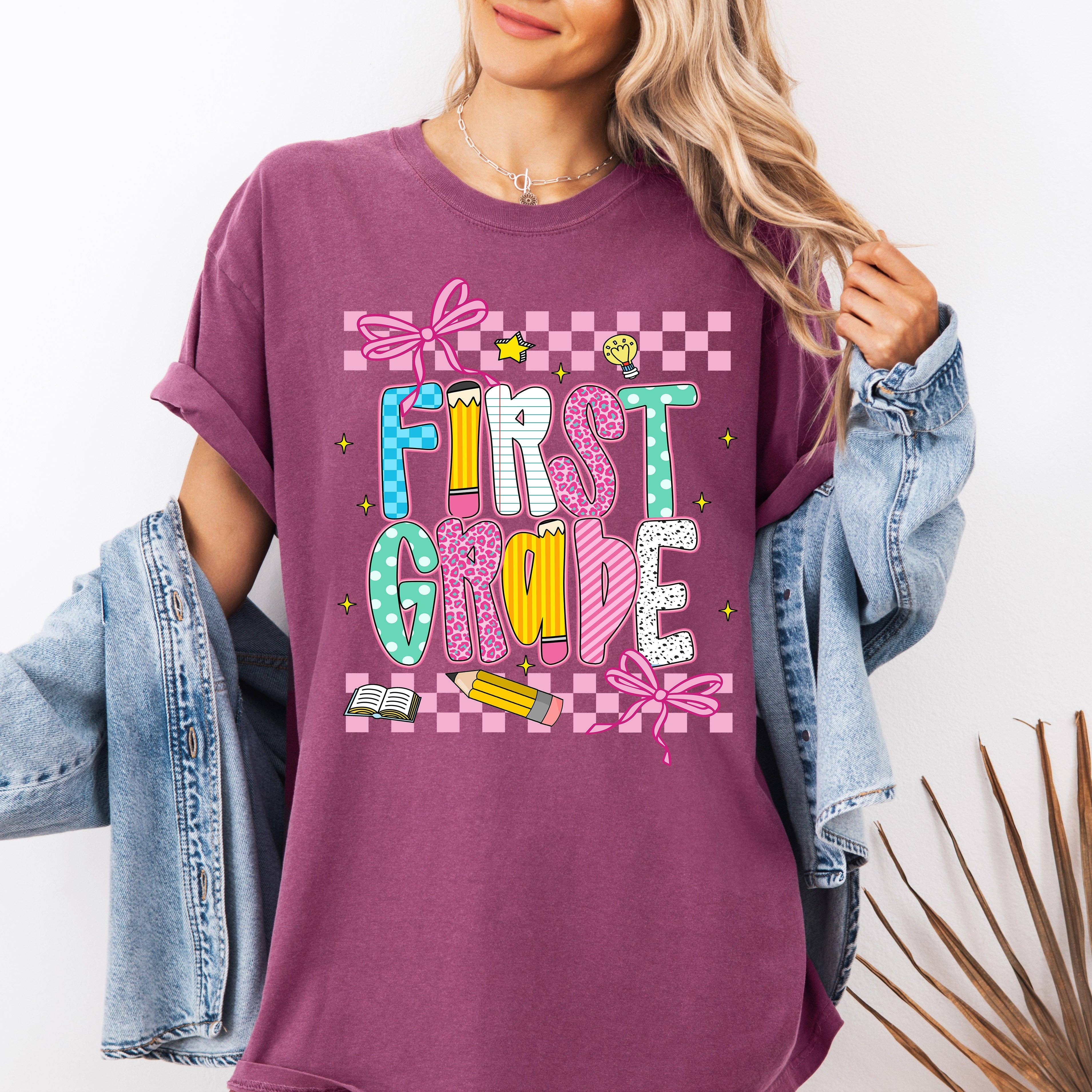 First Grade, Teacher, Back To School, Checkered, Bow T-Shirt Hoodie, Sweatshirt | PodTeesHub.com