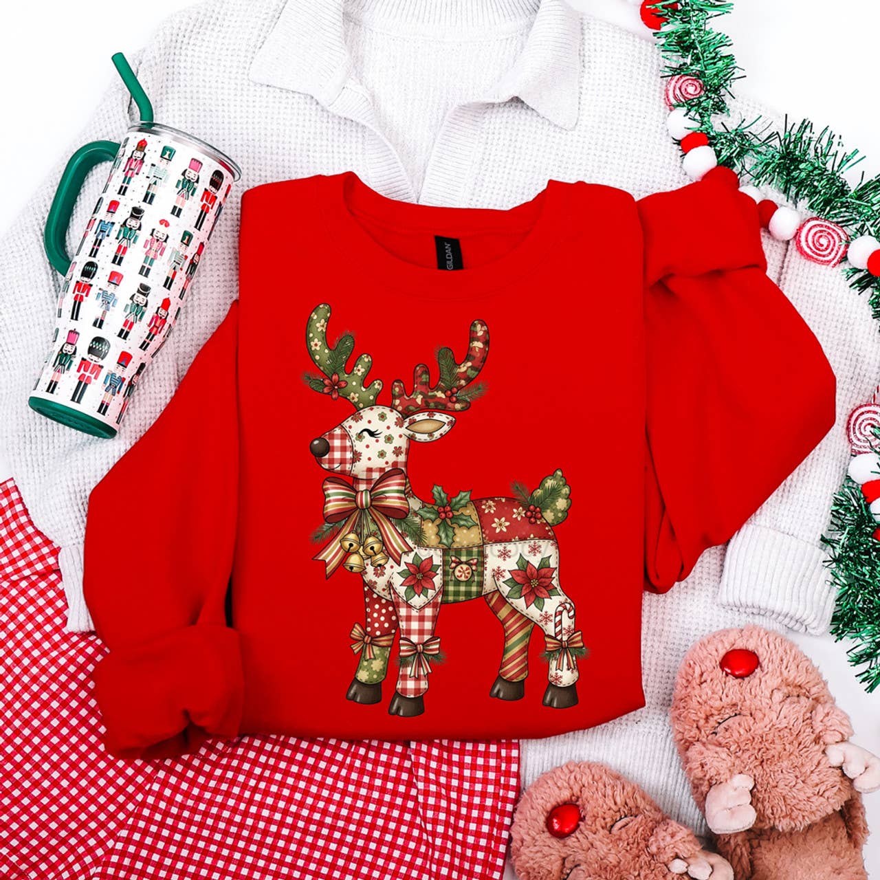Patchwork Reindeer Sweatshirt T-Shirts, Hoodie | PodTeesHub.com
