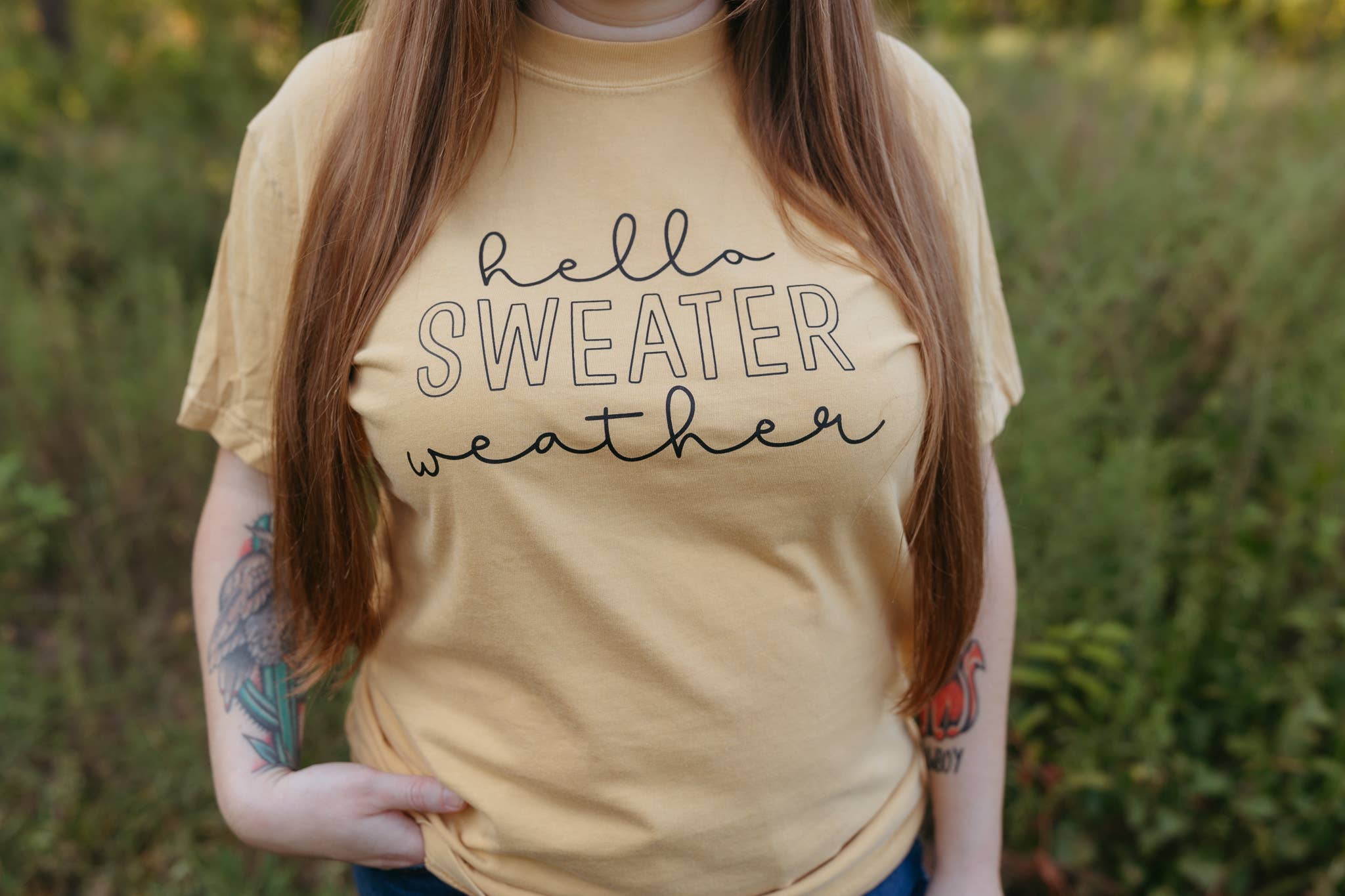 Hello Sweater Weather Fall Graphic Tee - Thanksgiving Tee Hoodie, Sweatshirt | PodTeesHub.com