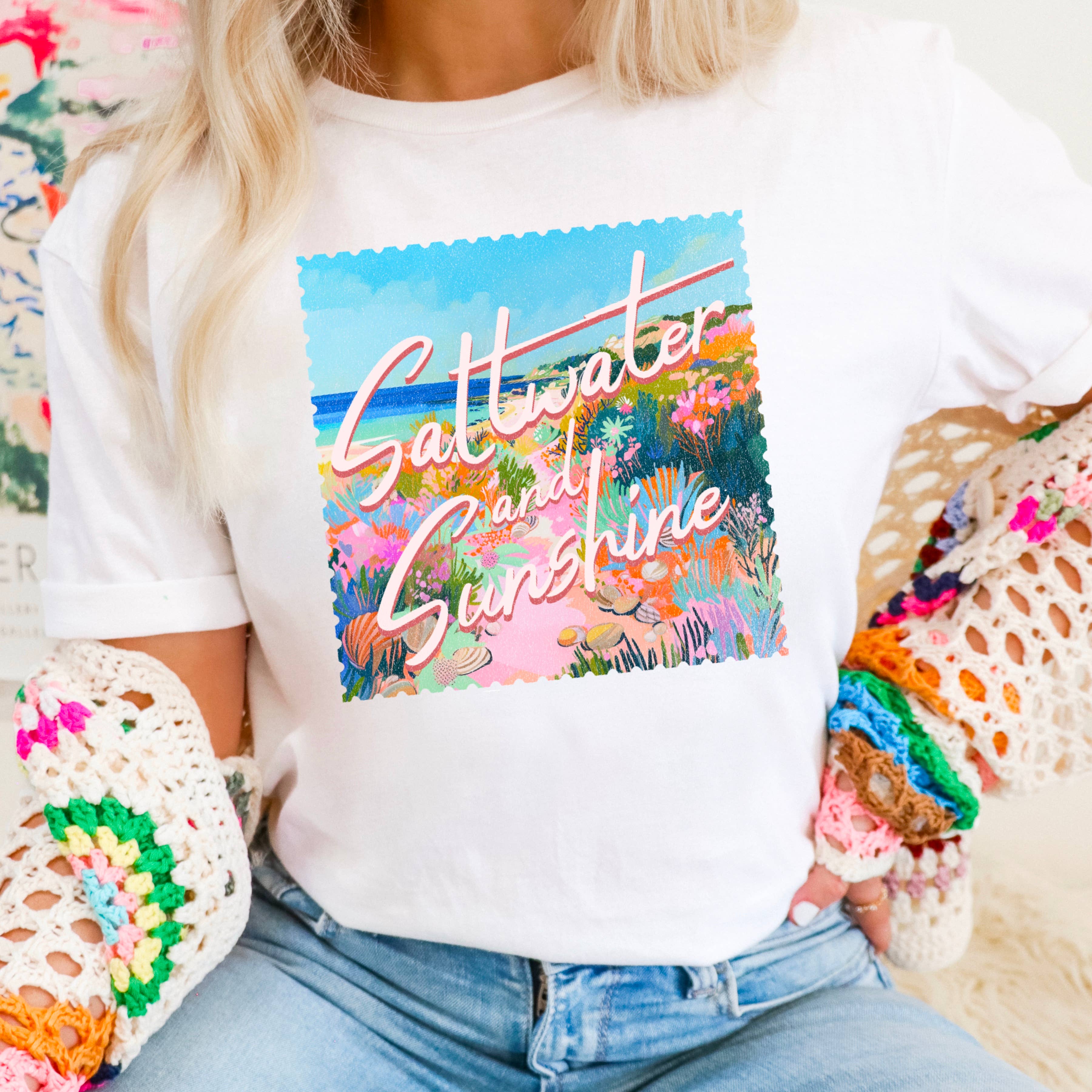 Saltwater and Sunshine Graphic Tee | Summer 2025 | Gildan Hoodie, Sweatshirt | PodTeesHub.com