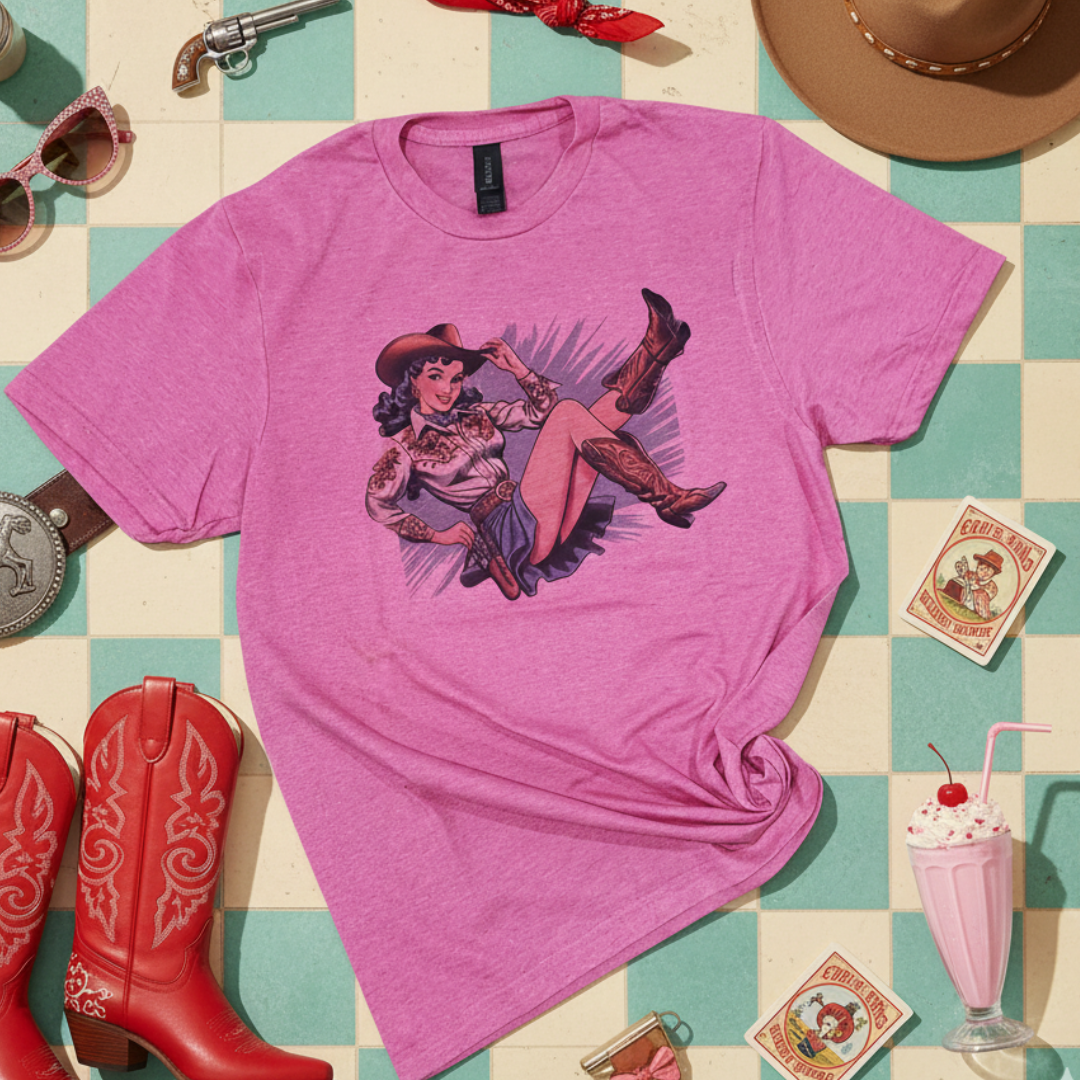Retro Cowgirl Pin-Up Graphic Tee - Western Vintage Hoodie, Sweatshirt | PodTeesHub.com