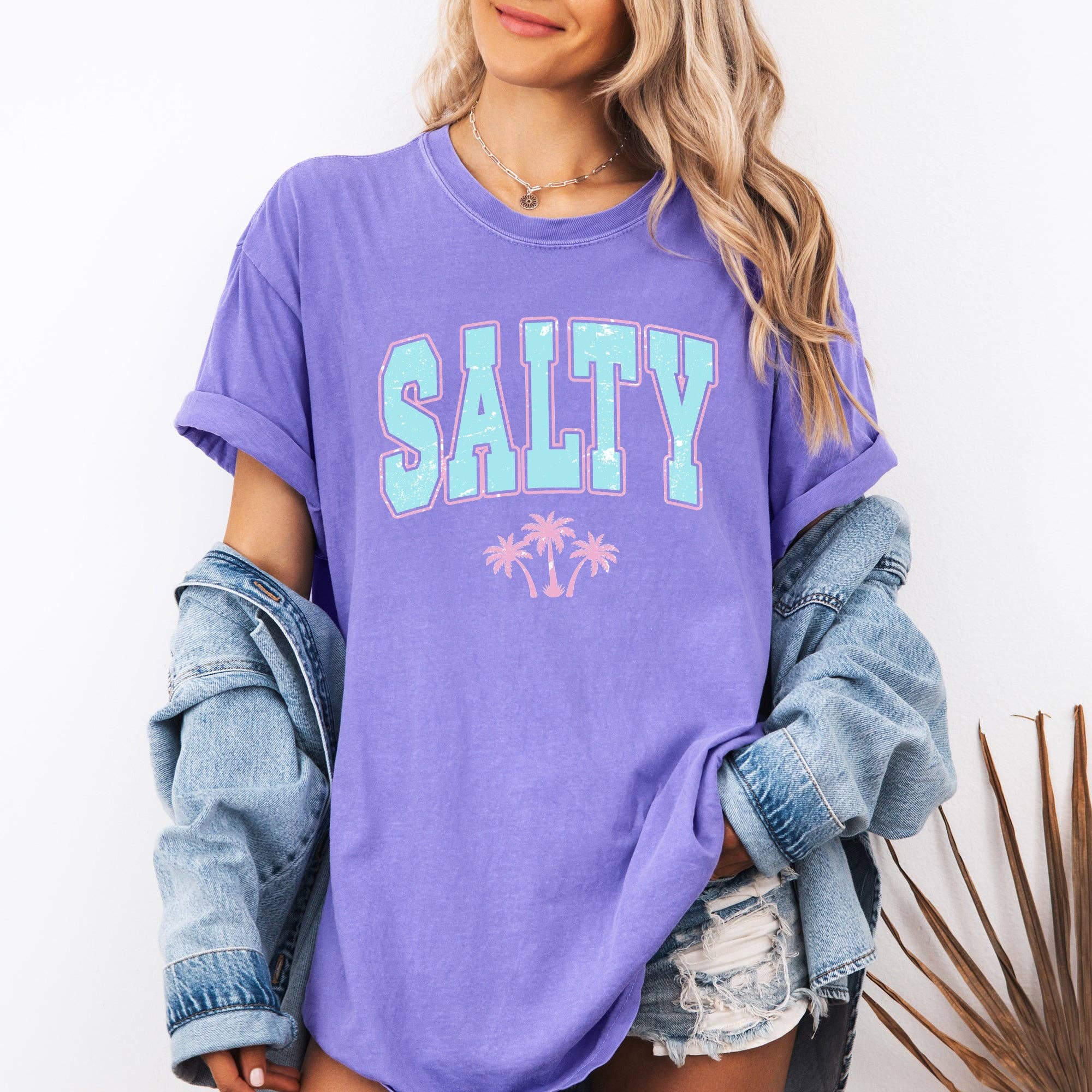Salty Varsity Palm Trees Summer Beach Comfort Colors T-Shirt Hoodie, Sweatshirt | PodTeesHub.com