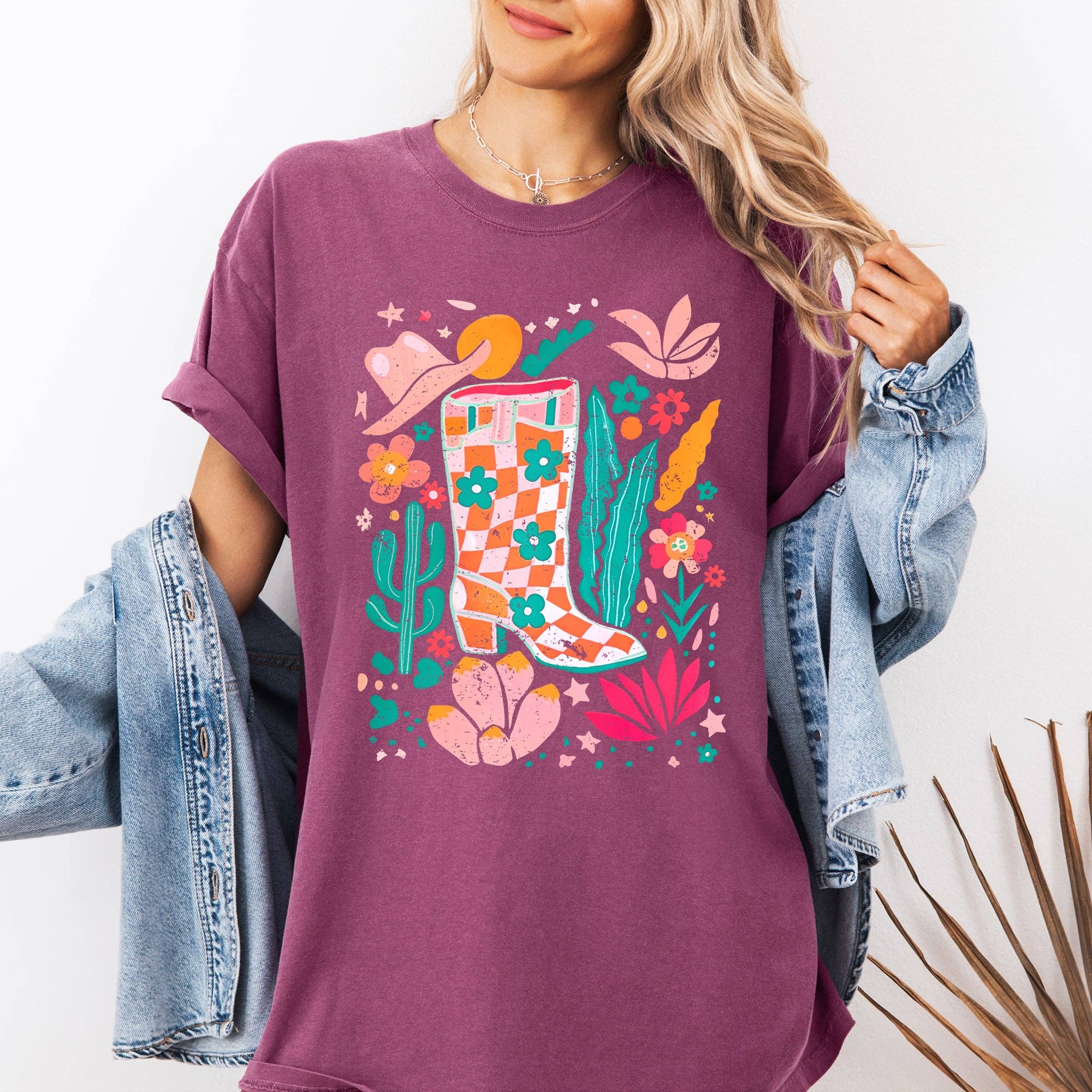 Summer, Retro Cowboy Boot, Cowgirl, Floral Botanical T-Shirt Hoodie, Sweatshirt | PodTeesHub.com