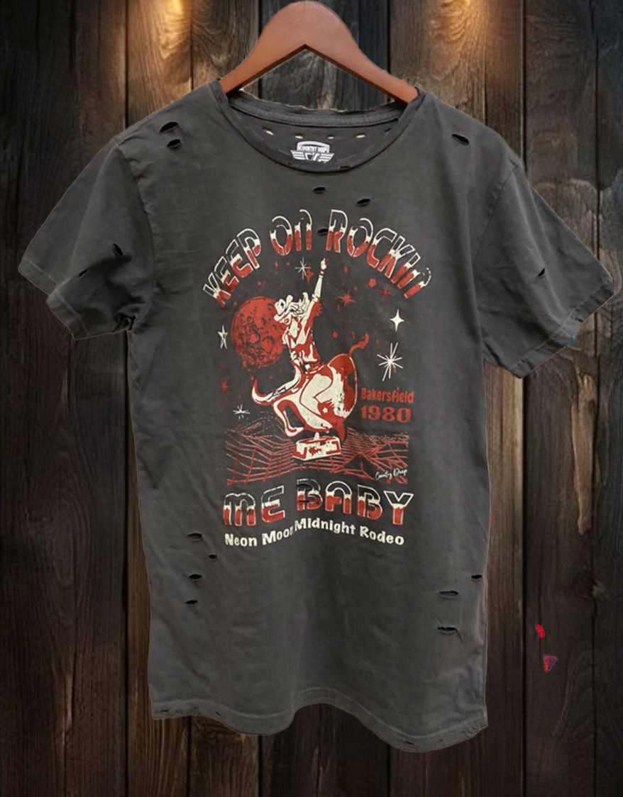 Keep On Rockin Me Baby Bakersfield 1980's Distressed  Rodeo T-Shirt Hoodie, Sweatshirt | PodTeesHub.com