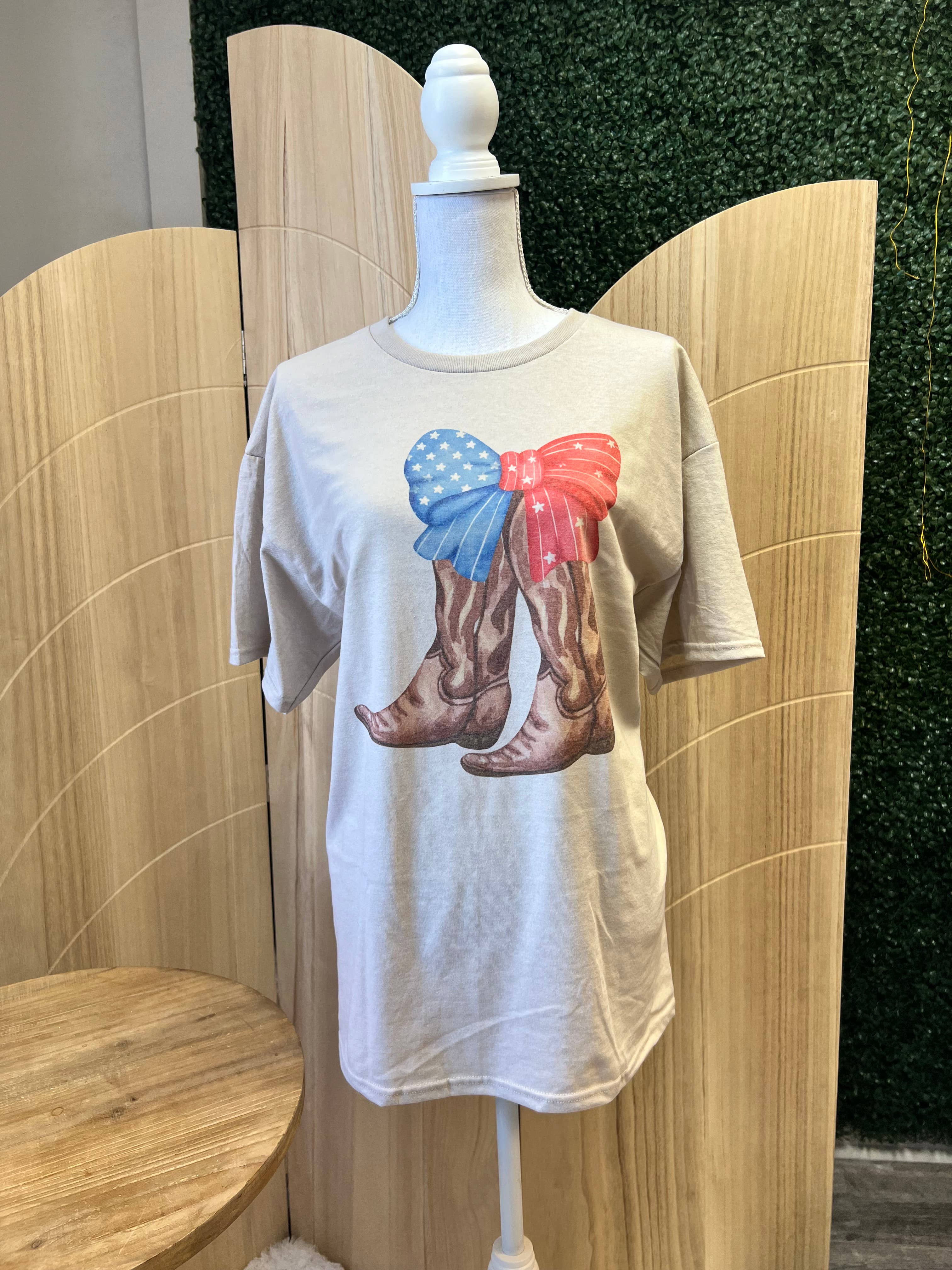 Patriotic Bow with Brown Cowboy Boots On Sand Tee Hoodie, Sweatshirt | PodTeesHub.com