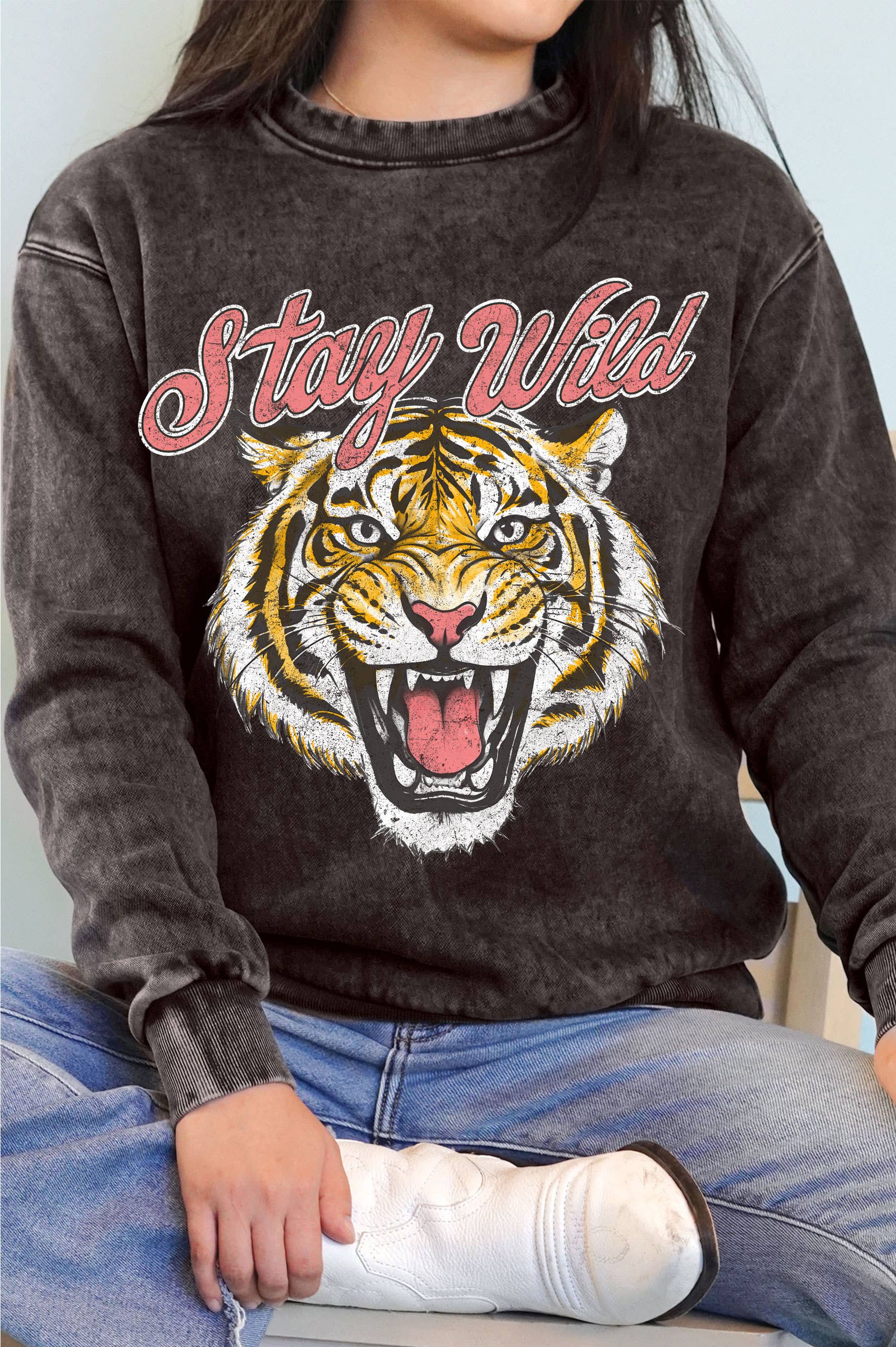 Stay Wild Tiger Graphic Mineral Brushed Sweatshirt T-Shirts, Hoodie | PodTeesHub.com