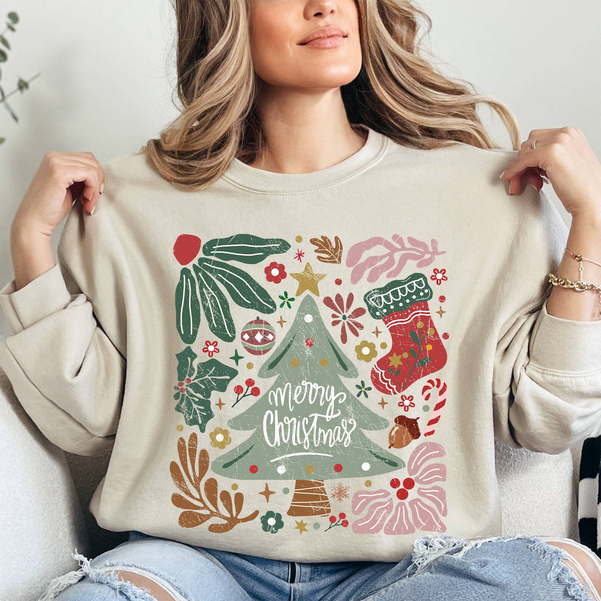 Merry Christmas, Green Floral, Flowers, Xmas Sweatshirt T-Shirts, Hoodie | PodTeesHub.com