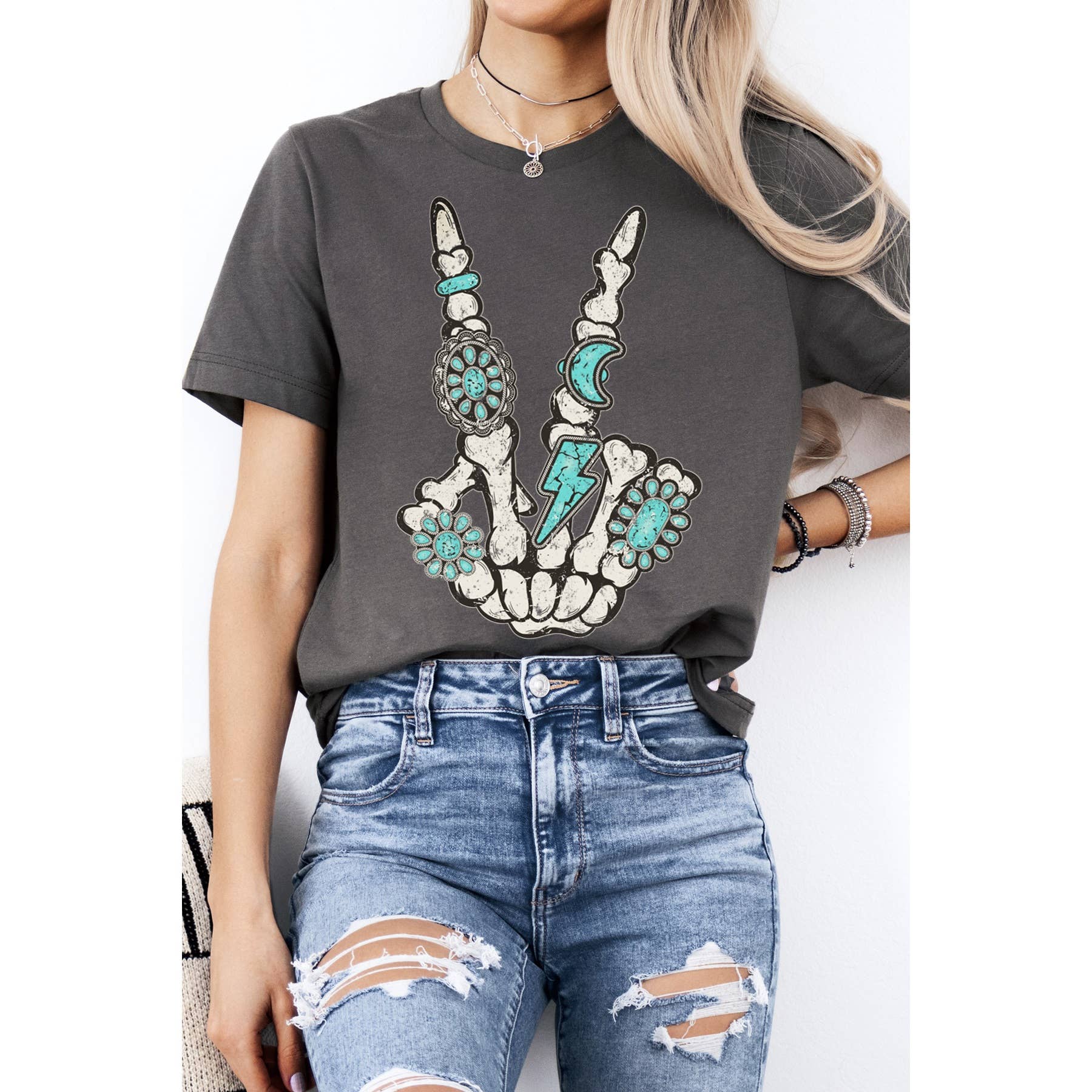 Skeleton Turquoise Peace Print - Short Sleeve Tee Hoodie, Sweatshirt | PodTeesHub.com
