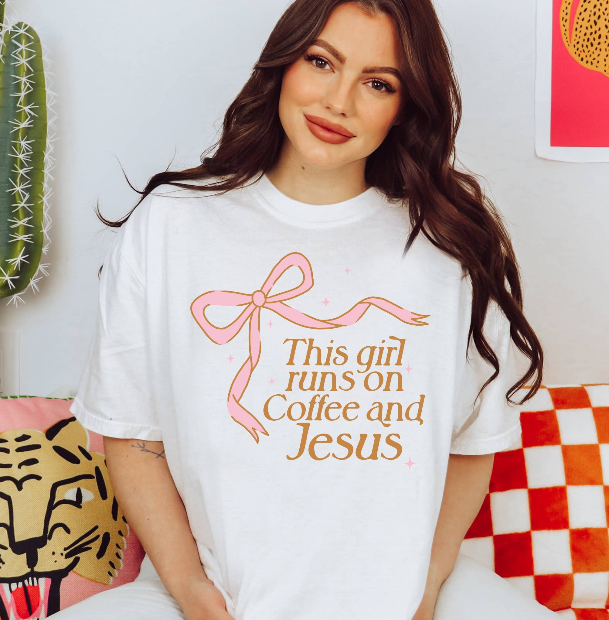 This Girl Runs On Coffee and Jesus Religious Bow Tee Hoodie, Sweatshirt | PodTeesHub.com