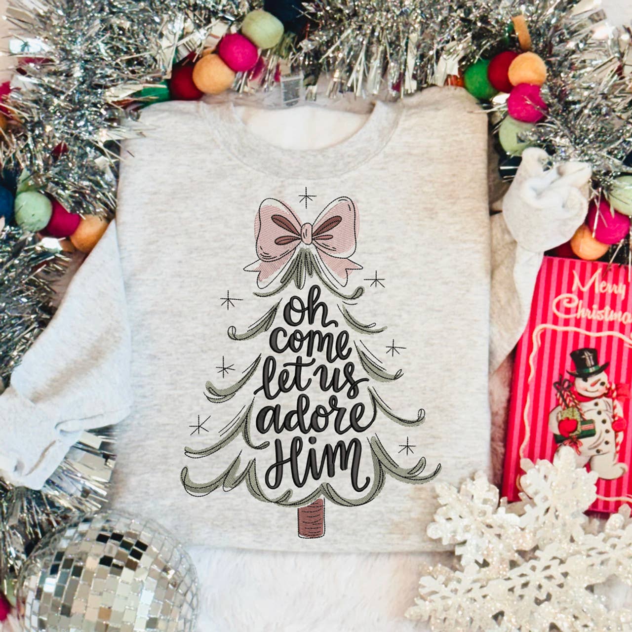 Oh Come Let Us Adore Him Faux Embroidery Sweatshirt T-Shirts, Hoodie | PodTeesHub.com