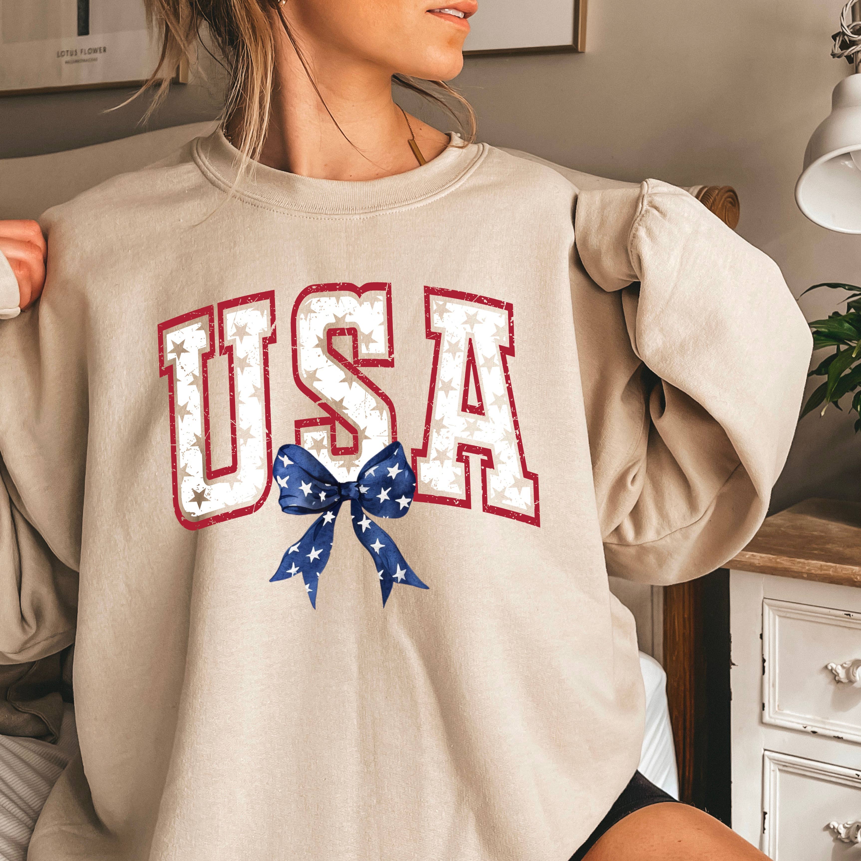 USA Bow and Stars July 4th Sweatshirt | Gildan Brand T-Shirts, Hoodie | PodTeesHub.com